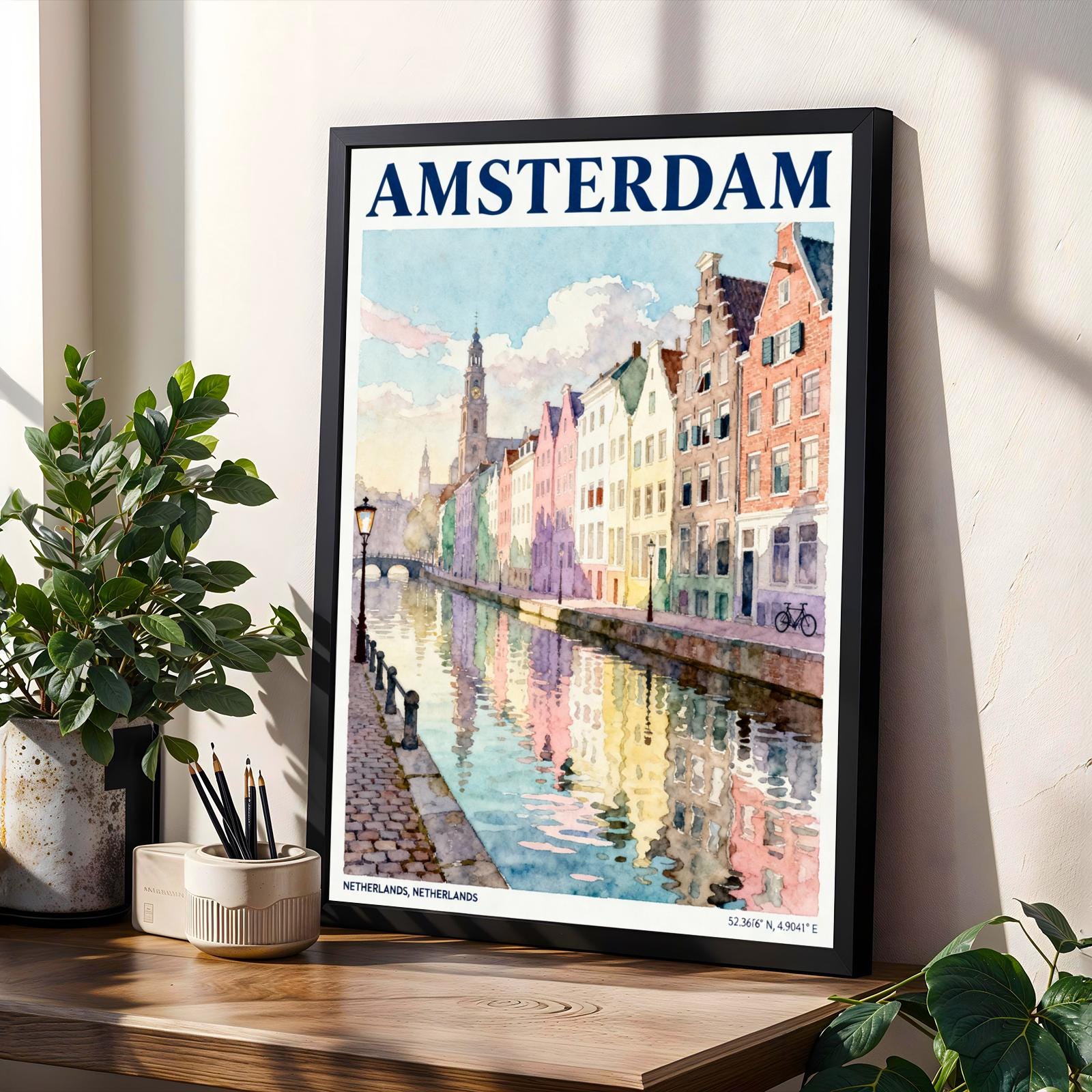 Amsterdam Canal Houses and Blue Pink Watercolor Cityscape Poster for Travel Lovers and Home Decor, Colorful Wall Art