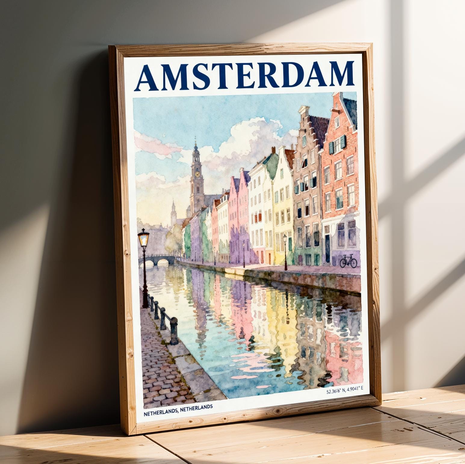Amsterdam Canal Houses and Blue Pink Watercolor Cityscape Poster for Travel Lovers and Home Decor, Colorful Wall Art