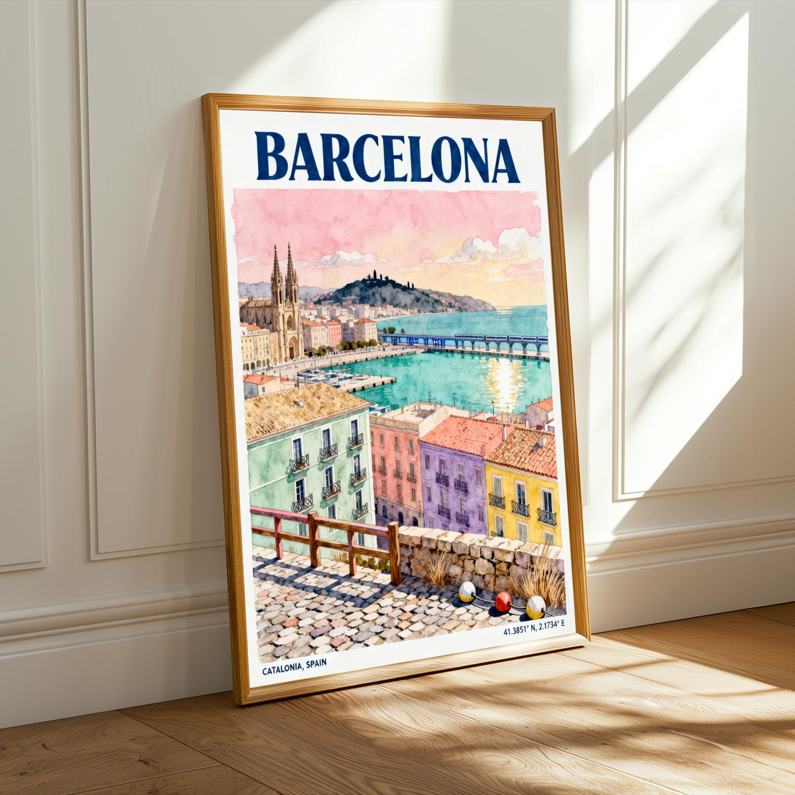 Barcelona Waterfront Watercolor Poster, Pink Teal Cityscape Art