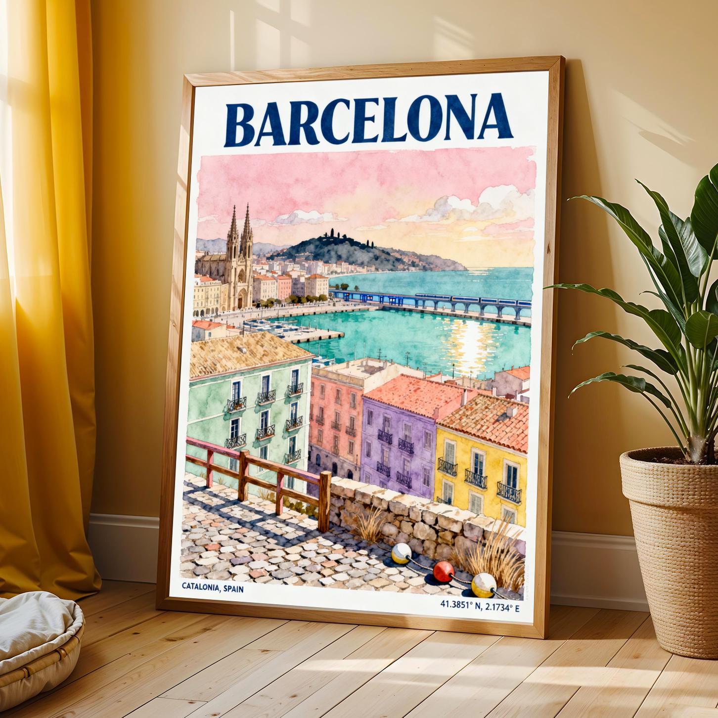 Barcelona Waterfront Watercolor Poster, Pink Teal Cityscape Art