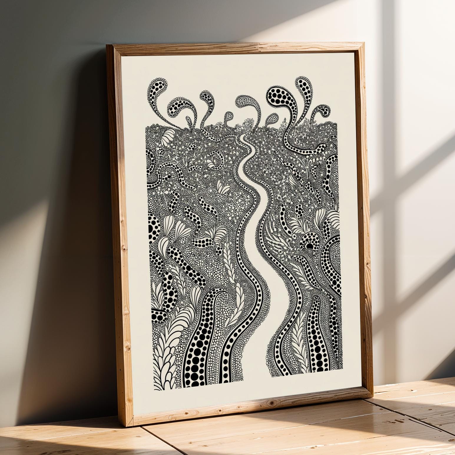 Botanical Line Art Print – Black and Cream Ink Illustration
