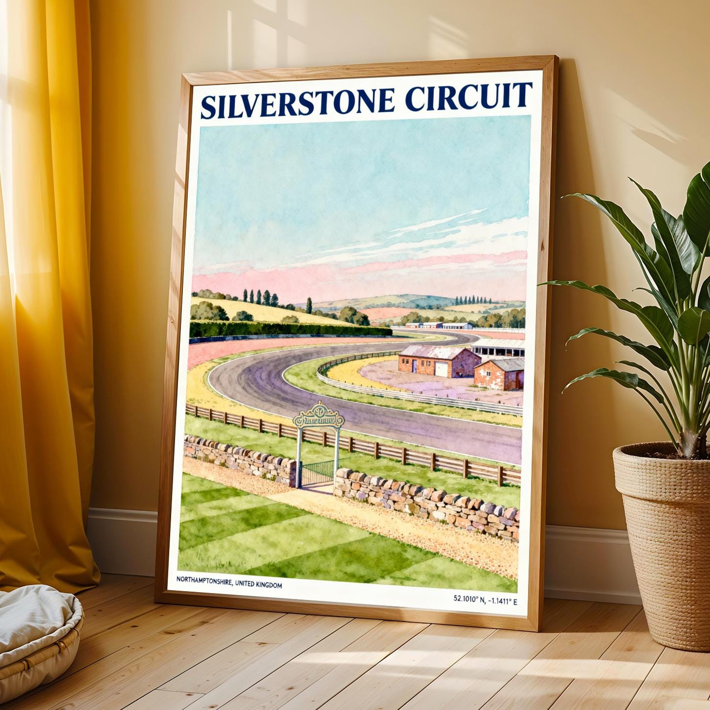 Blue and Light Blue Silverstone Circuit Poster – Vintage British Countryside Motorsports Travel Artwork for Decor and Collectors