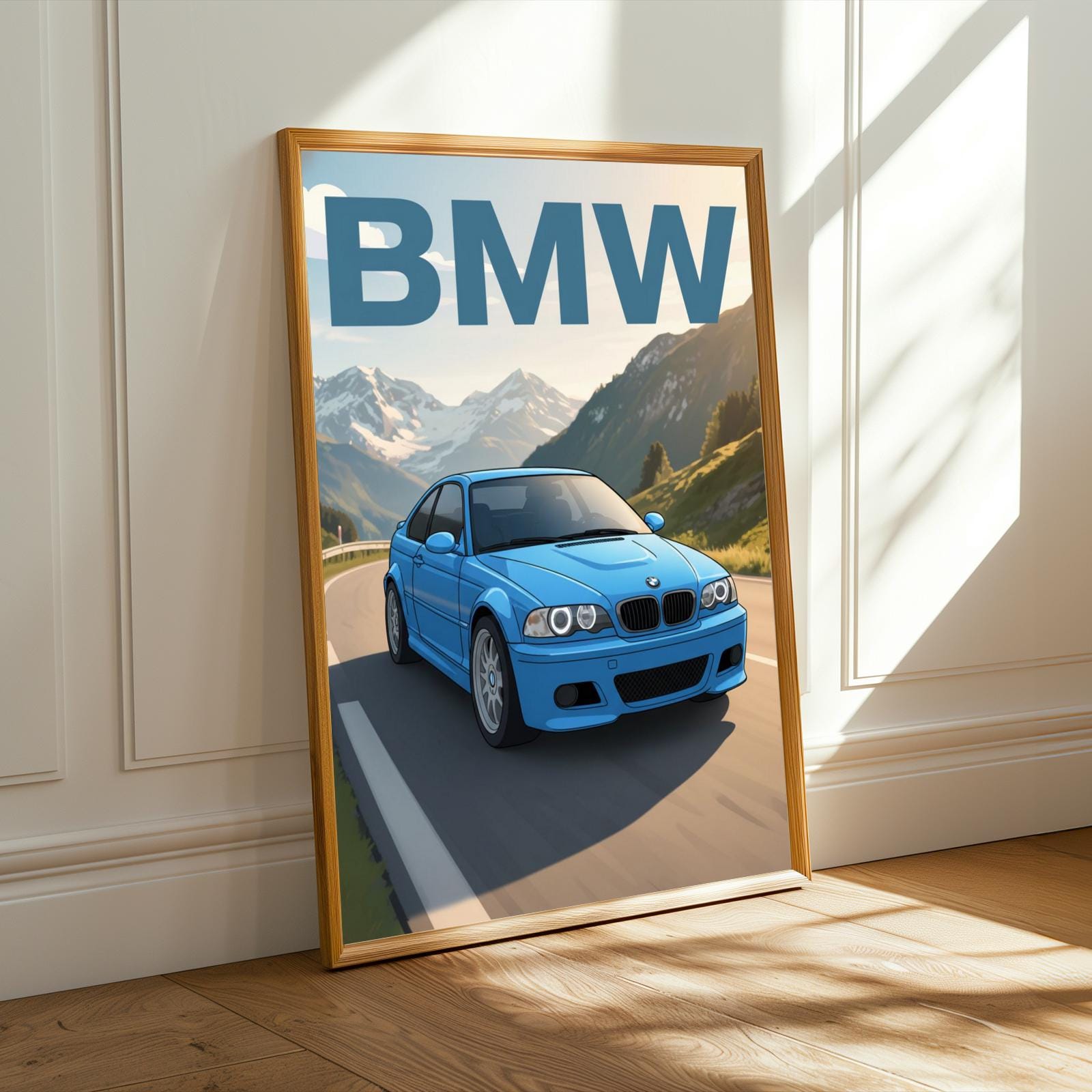 Blue BMW E46 Sports Car Print – Mountain Road Automotive Art