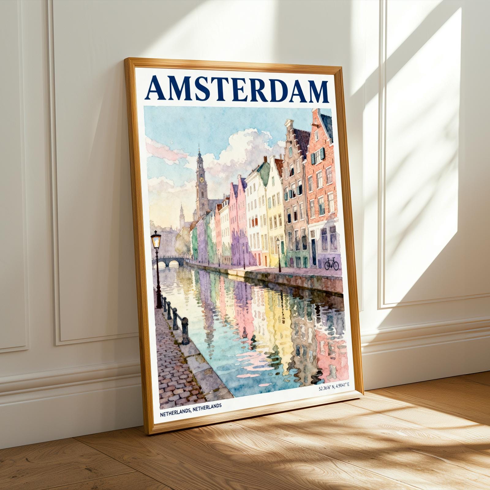 Amsterdam Canal Houses and Blue Pink Watercolor Cityscape Poster for Travel Lovers and Home Decor, Colorful Wall Art