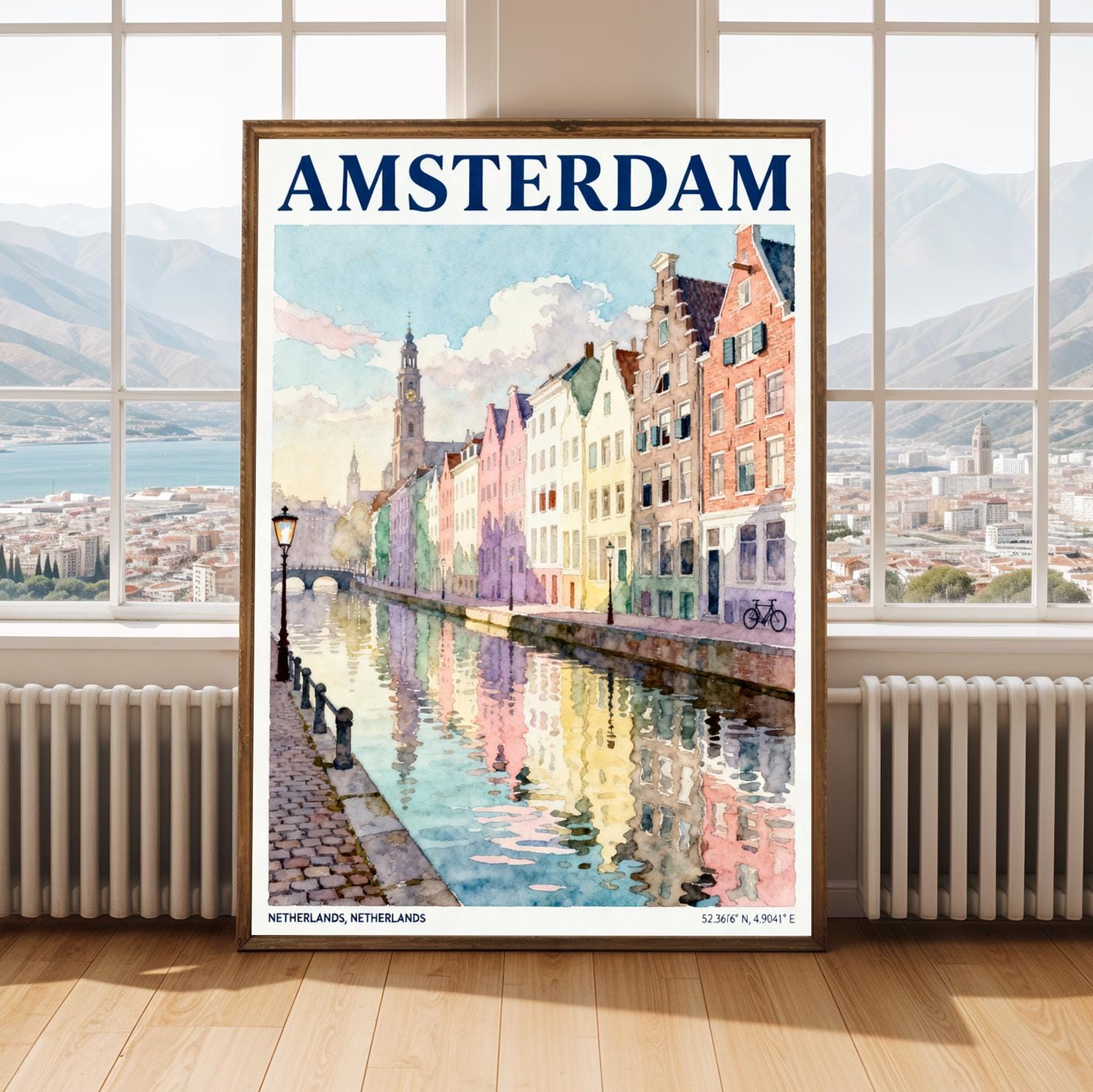 Amsterdam Canal Houses and Blue Pink Watercolor Cityscape Poster for Travel Lovers and Home Decor, Colorful Wall Art