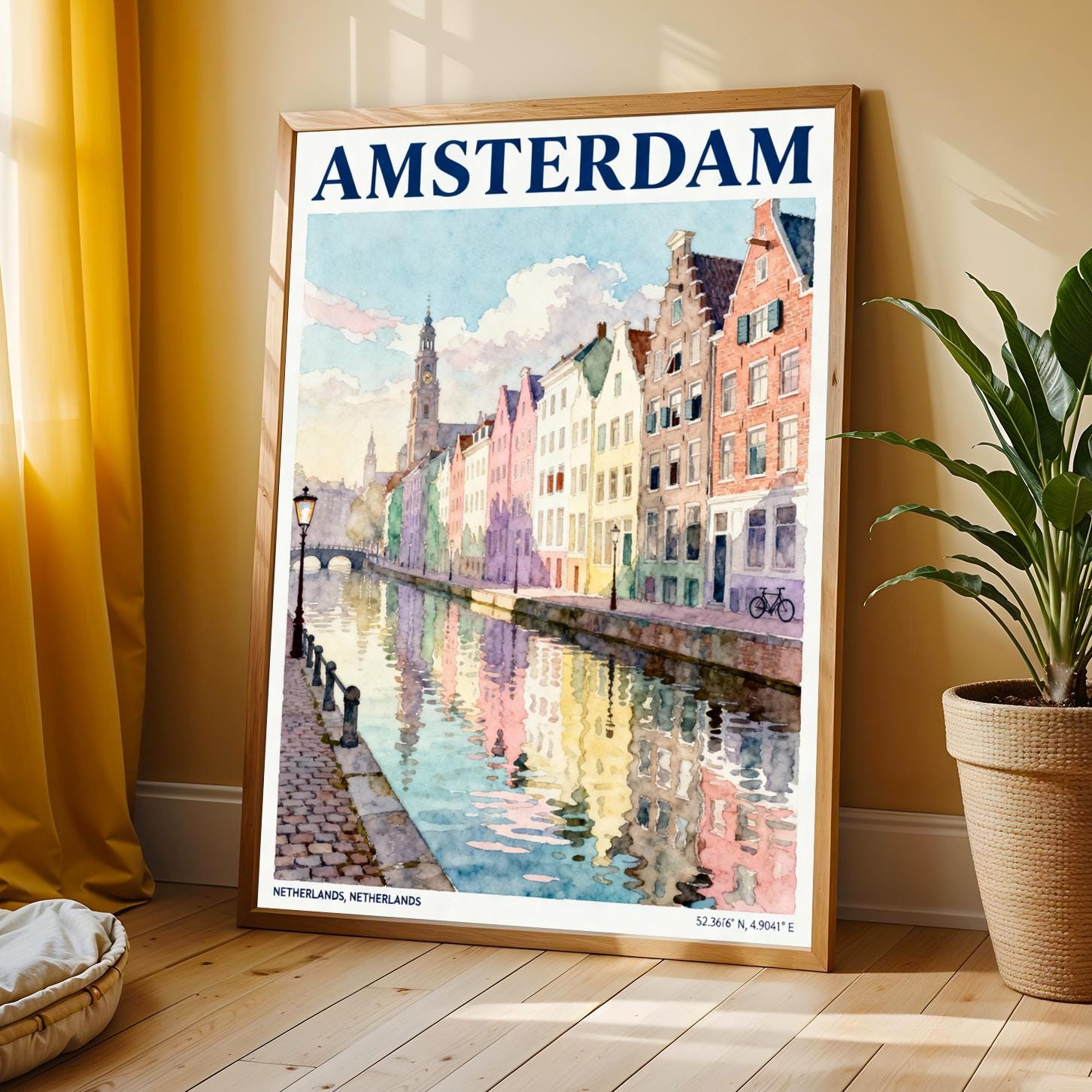 Amsterdam Canal Houses and Blue Pink Watercolor Cityscape Poster for Travel Lovers and Home Decor, Colorful Wall Art
