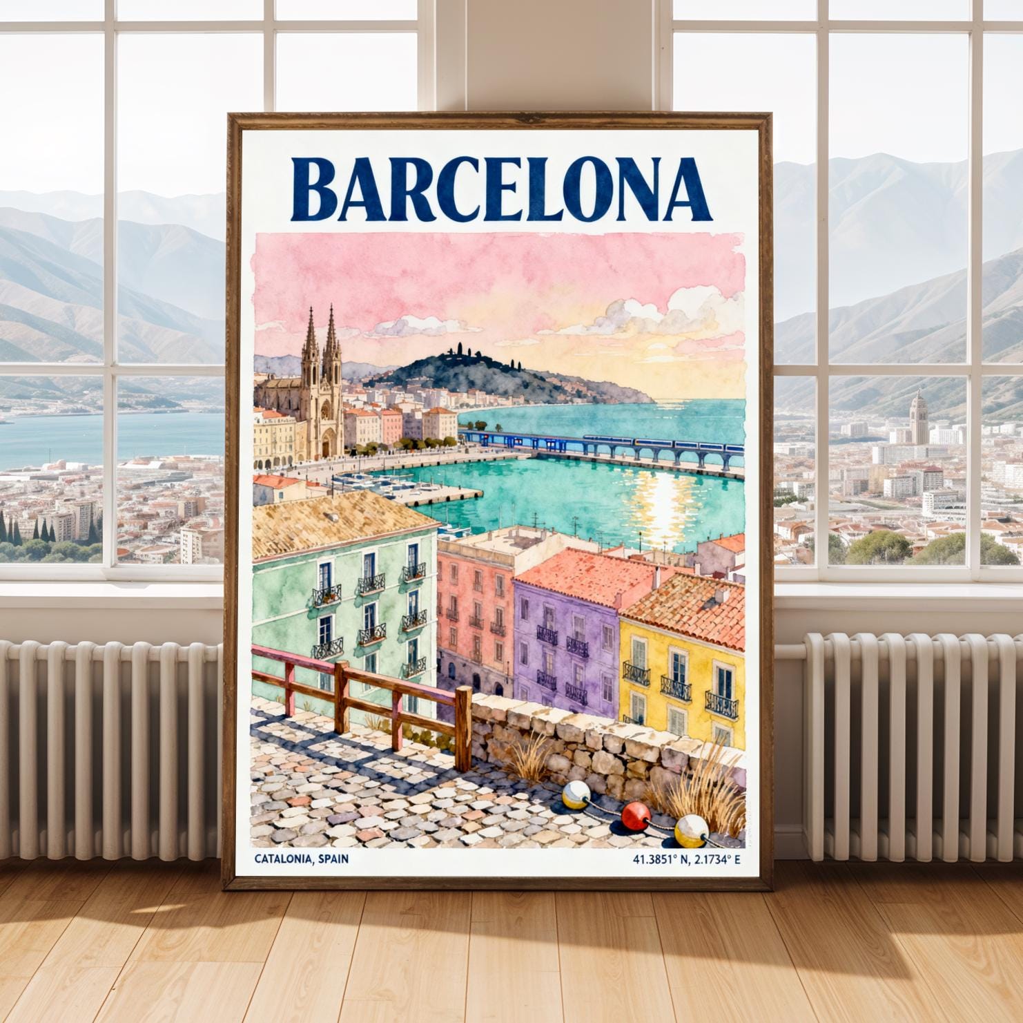 Barcelona Waterfront Watercolor Poster, Pink Teal Cityscape Art
