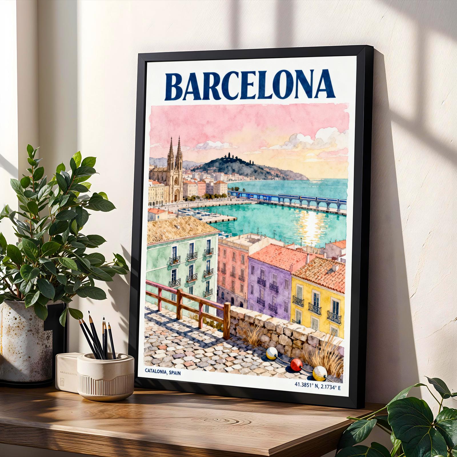 Barcelona Waterfront Watercolor Poster, Pink Teal Cityscape Art