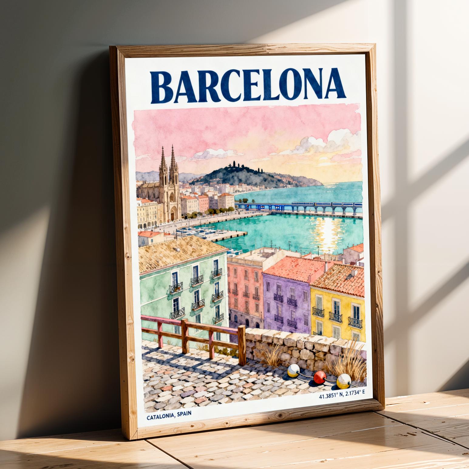 Barcelona Waterfront Watercolor Poster, Pink Teal Cityscape Art