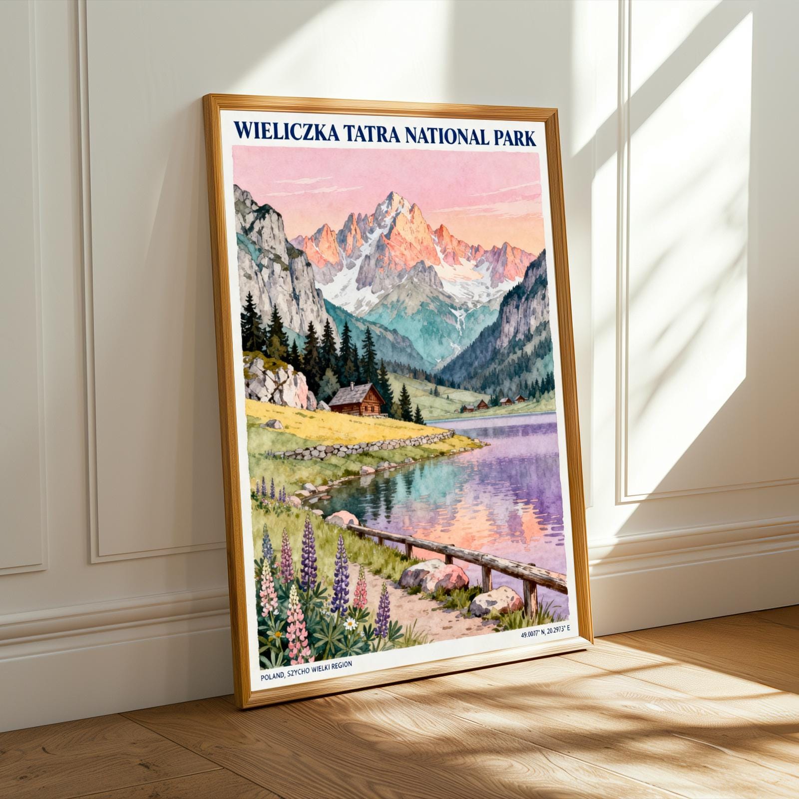 Alpine Lake Landscape and Travel Poster, Pink and Purple Vintage Polish Regional Art and Nature Lithograph Look