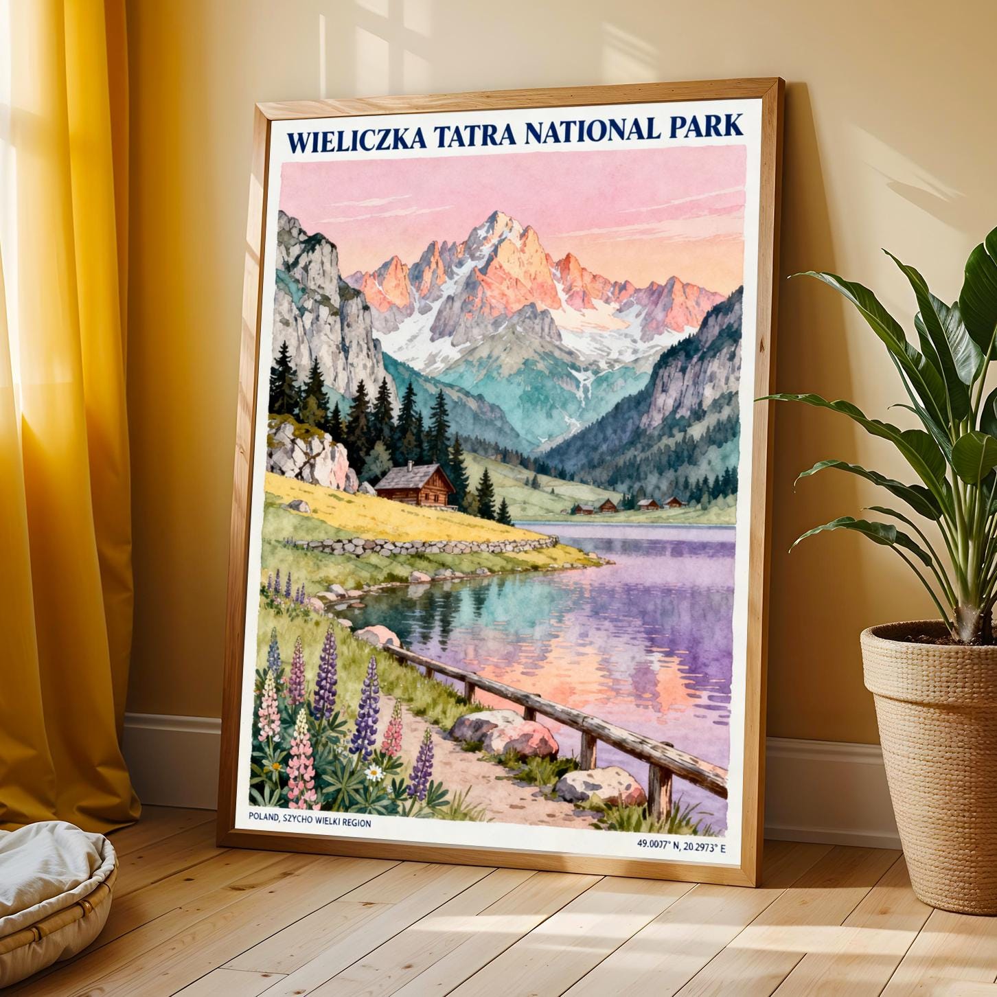 Alpine Lake Landscape and Travel Poster, Pink and Purple Vintage Polish Regional Art and Nature Lithograph Look