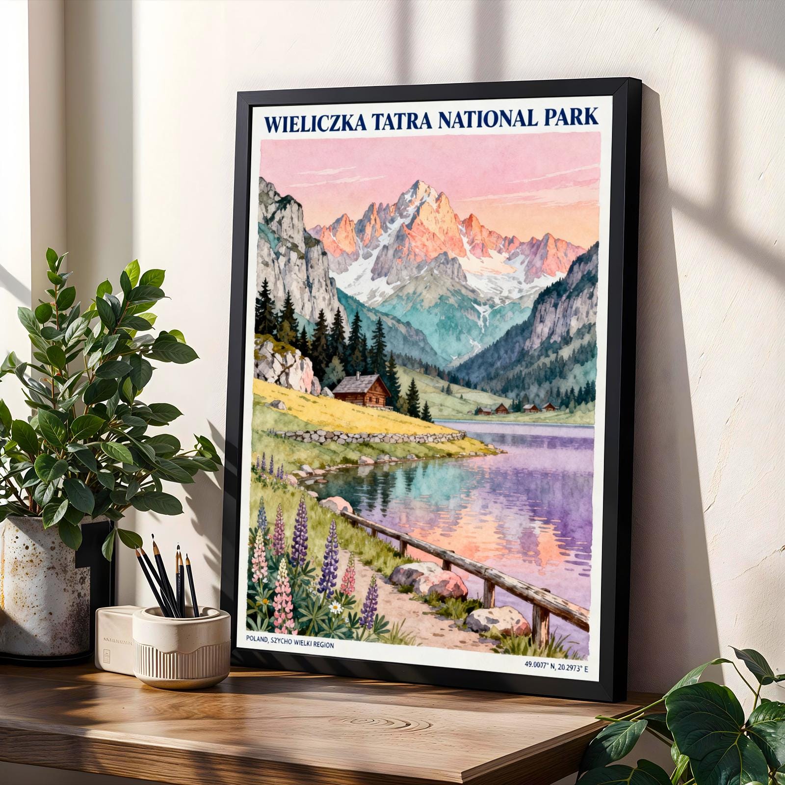 Alpine Lake Landscape and Travel Poster, Pink and Purple Vintage Polish Regional Art and Nature Lithograph Look