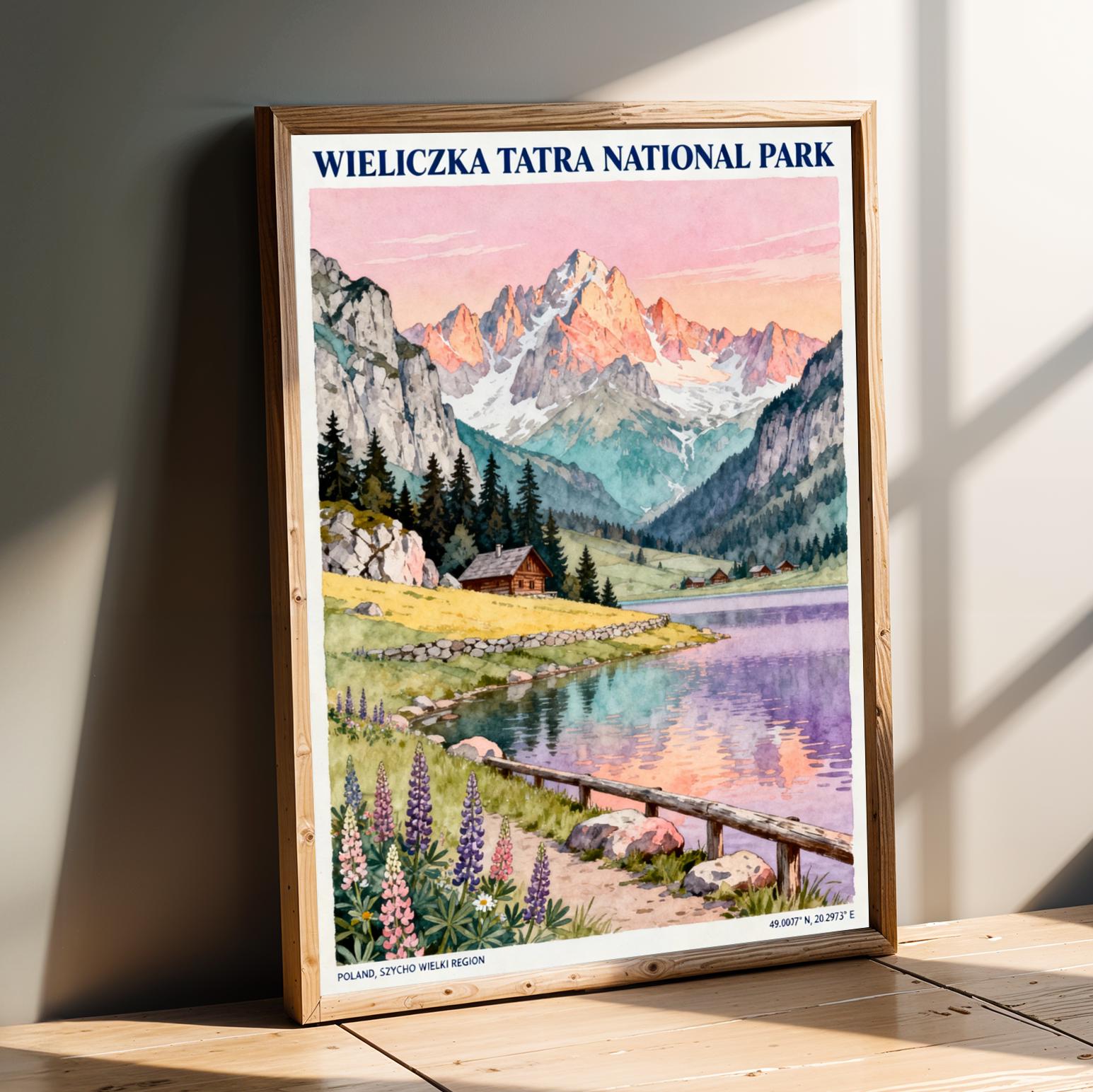 Alpine Lake Landscape and Travel Poster, Pink and Purple Vintage Polish Regional Art and Nature Lithograph Look