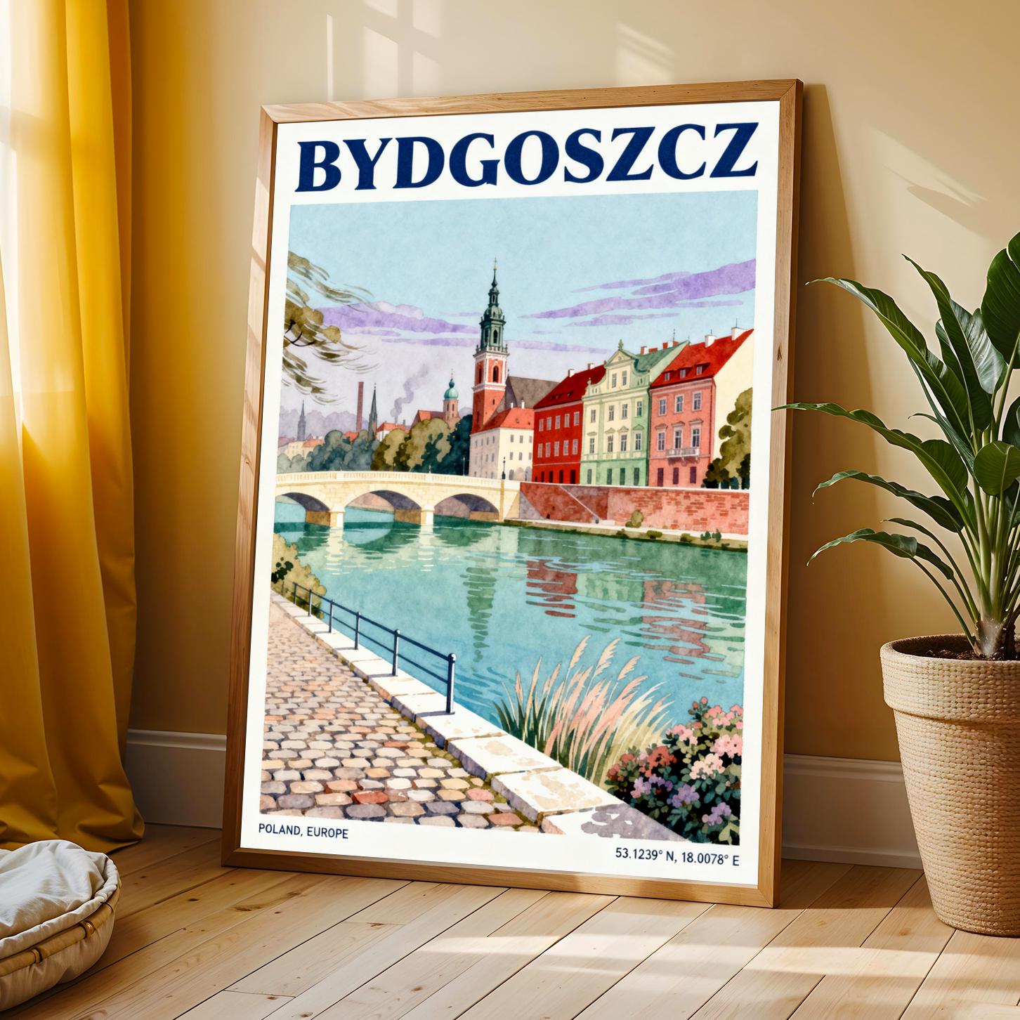 Bydgoszcz Riverside – Blue and Teal European Cityscape Travel Poster, Mid-Century Style, Gift for Travel Enthusiasts and Home Decorators
