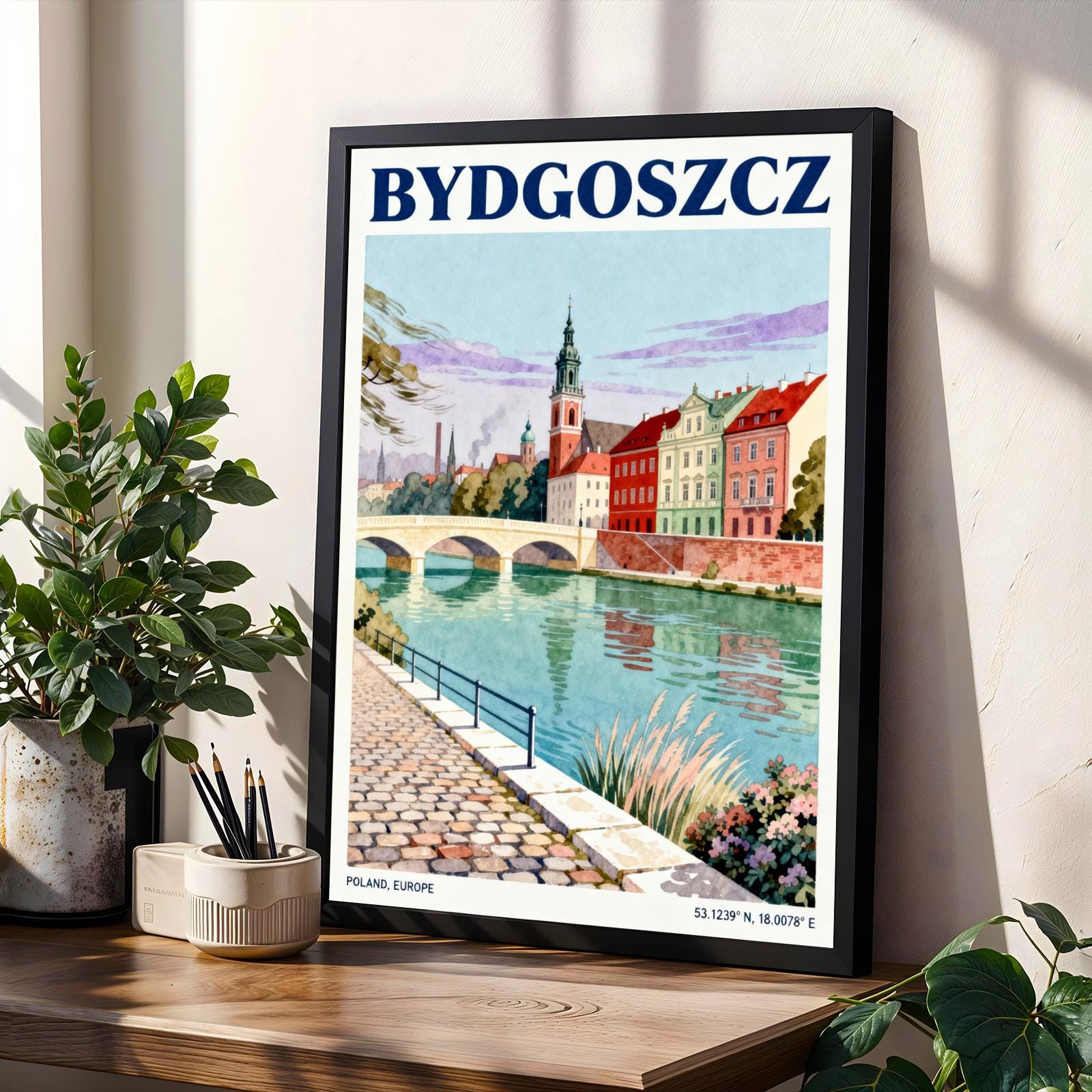 Bydgoszcz Riverside – Blue and Teal European Cityscape Travel Poster, Mid-Century Style, Gift for Travel Enthusiasts and Home Decorators