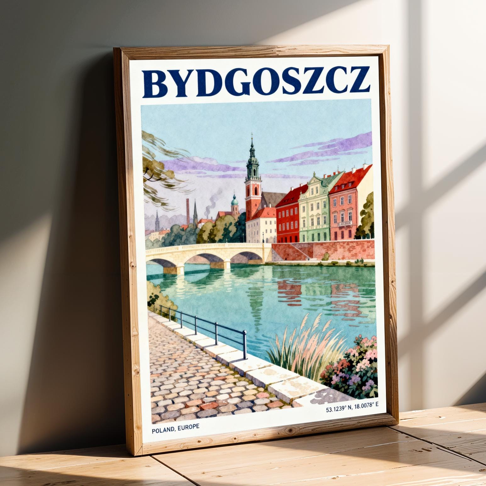 Bydgoszcz Riverside – Blue and Teal European Cityscape Travel Poster, Mid-Century Style, Gift for Travel Enthusiasts and Home Decorators