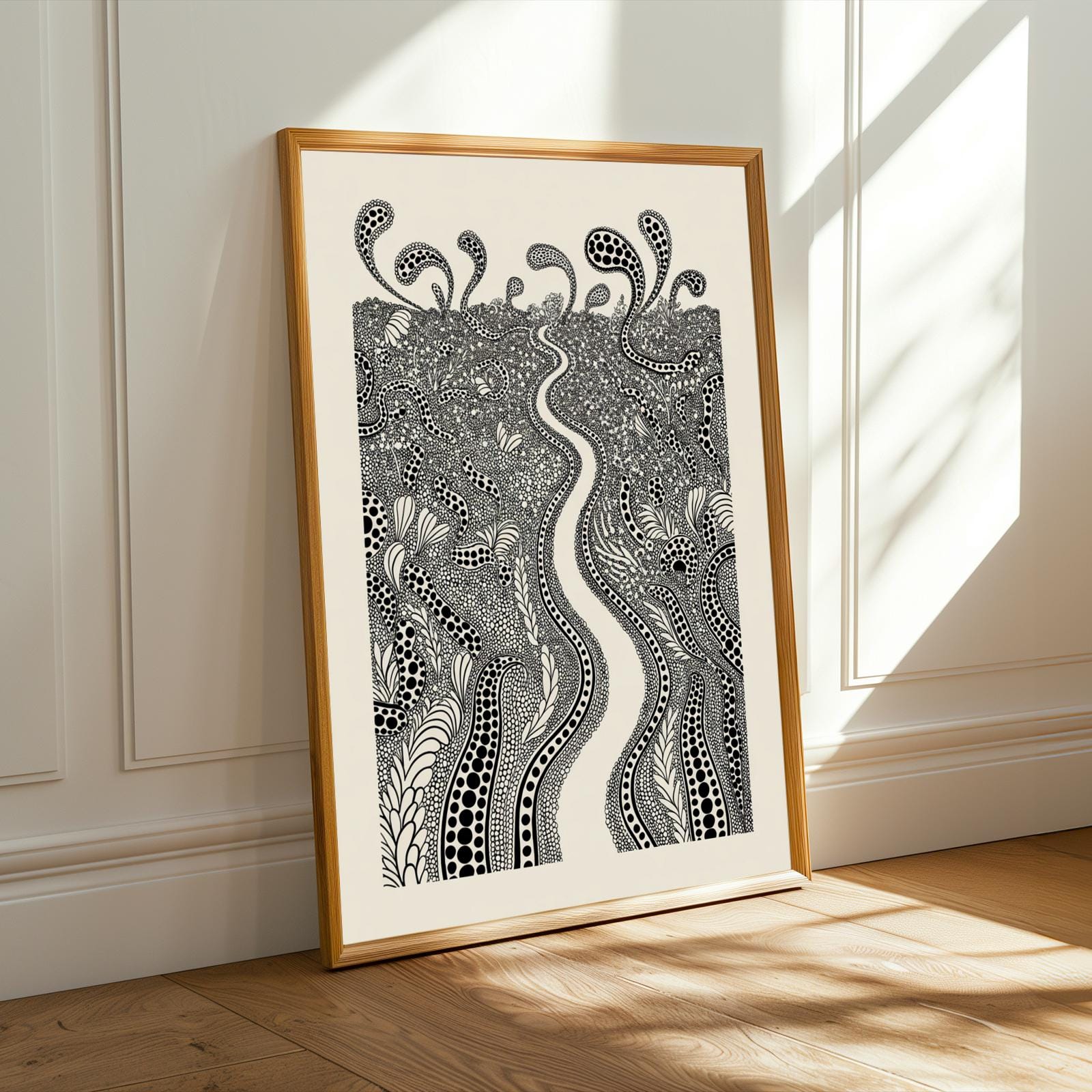 Botanical Line Art Print – Black and Cream Ink Illustration