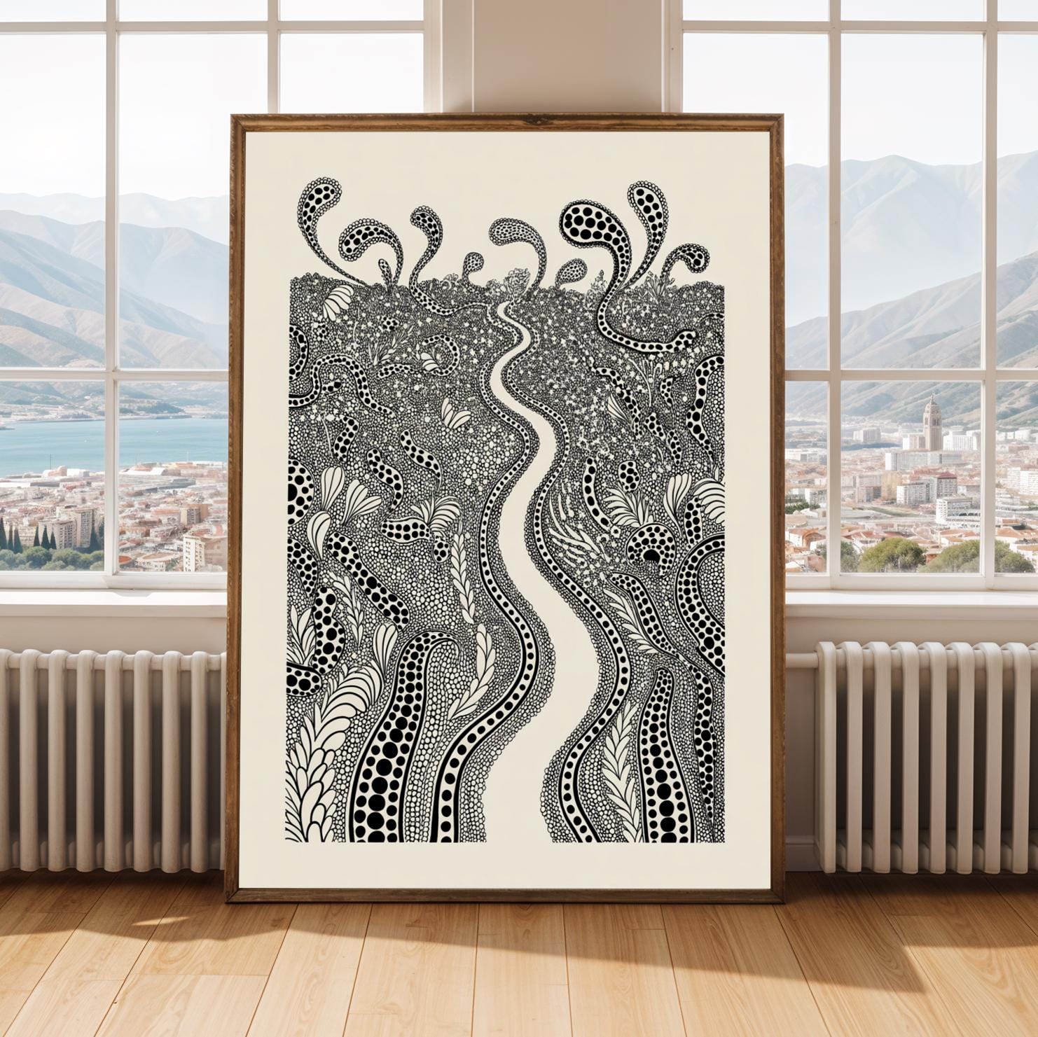 Botanical Line Art Print – Black and Cream Ink Illustration