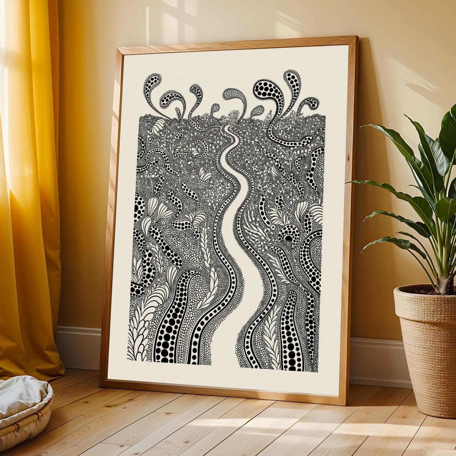 Botanical Line Art Print – Black and Cream Ink Illustration