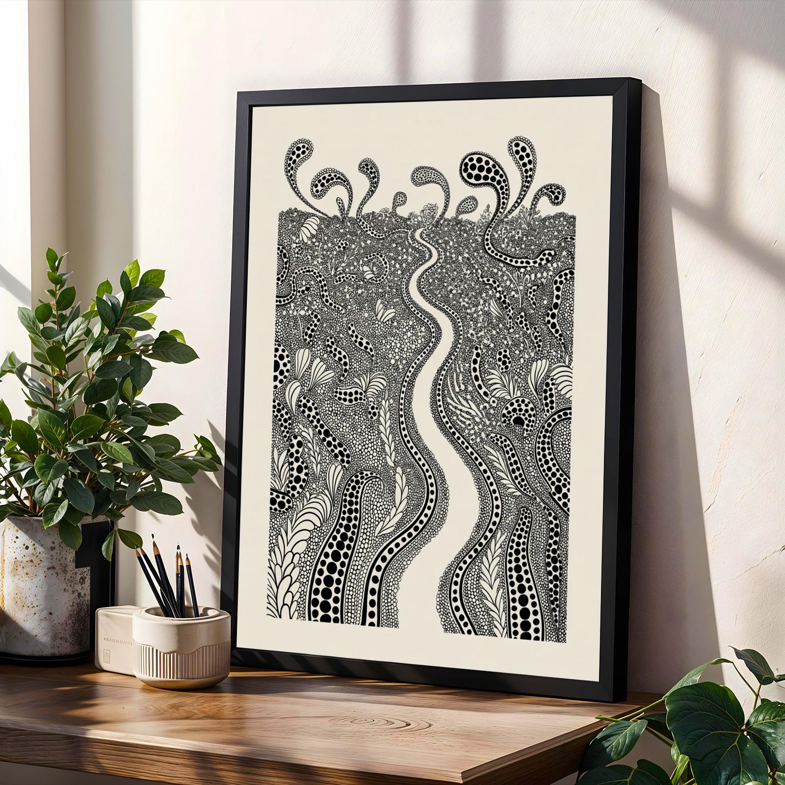 Botanical Line Art Print – Black and Cream Ink Illustration