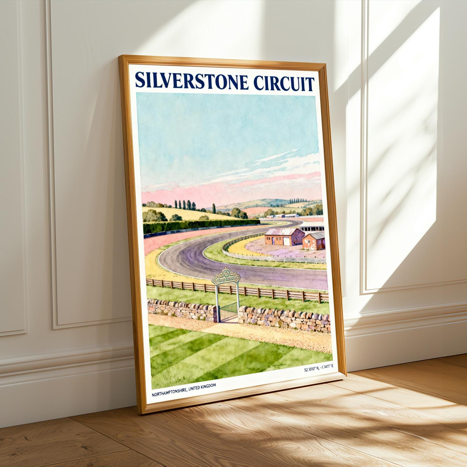 Blue and Light Blue Silverstone Circuit Poster – Vintage British Countryside Motorsports Travel Artwork for Decor and Collectors