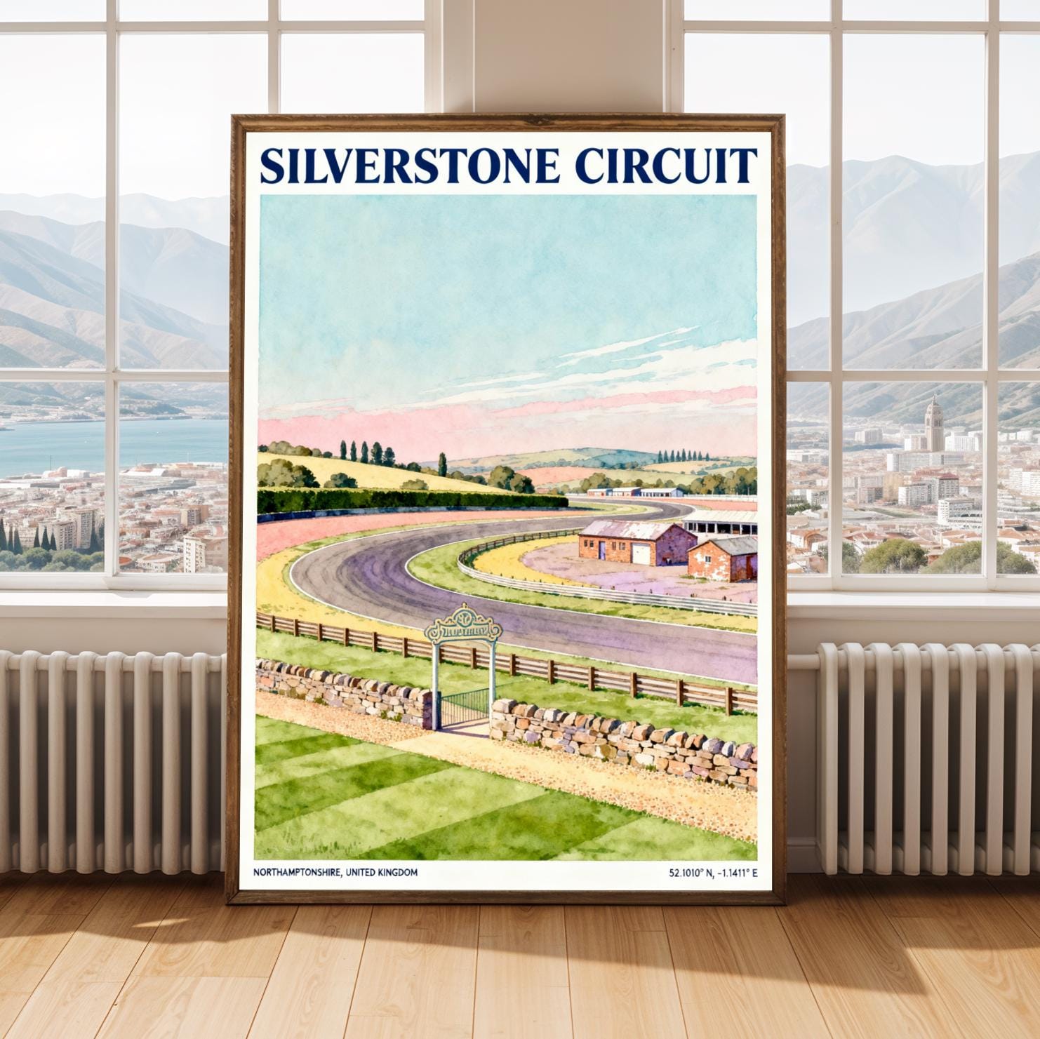 Blue and Light Blue Silverstone Circuit Poster – Vintage British Countryside Motorsports Travel Artwork for Decor and Collectors
