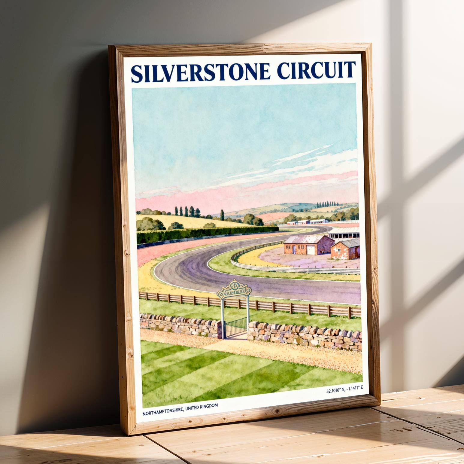 Blue and Light Blue Silverstone Circuit Poster – Vintage British Countryside Motorsports Travel Artwork for Decor and Collectors