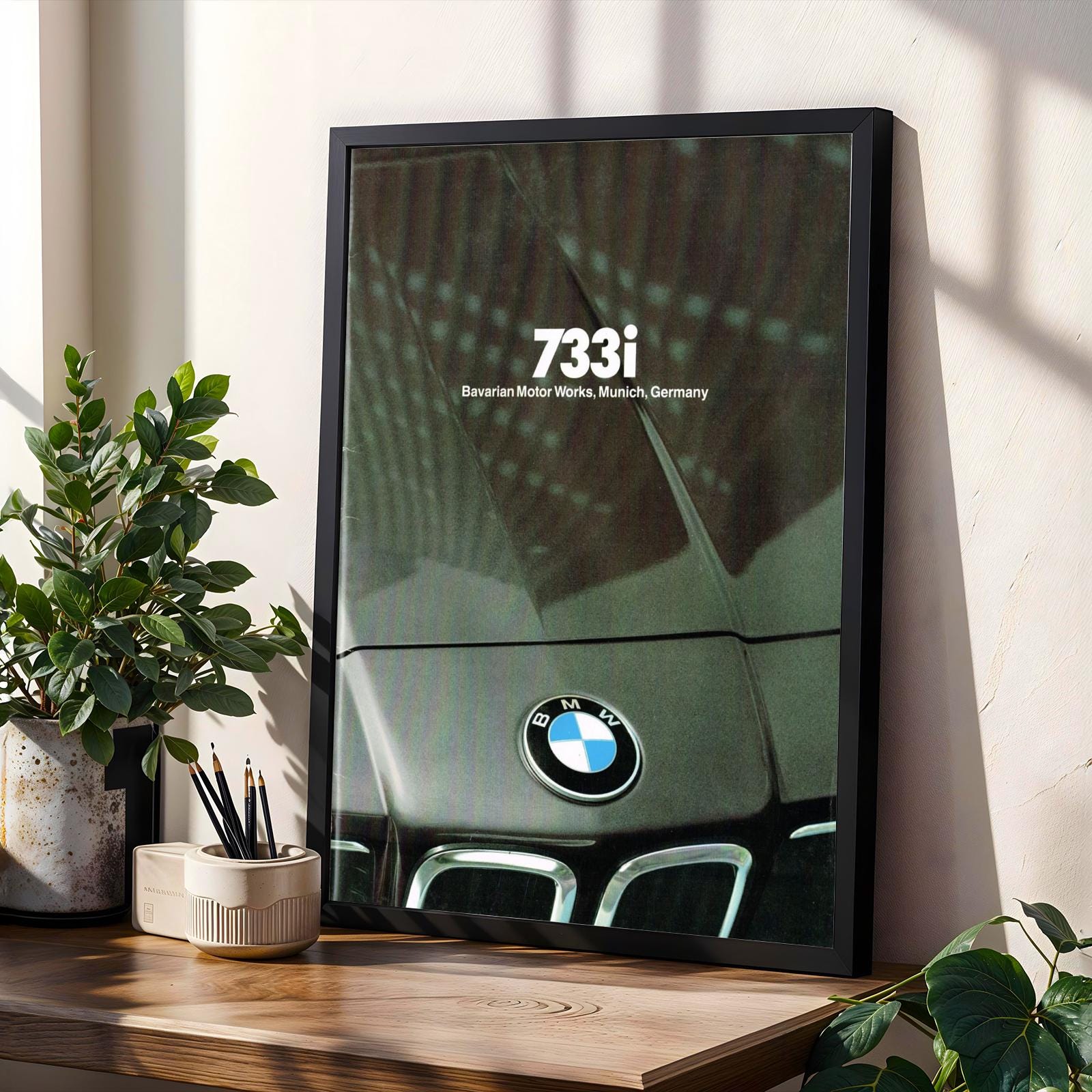 BMW 733i Hood Emblem Art Print – Automotive Industrial Decor