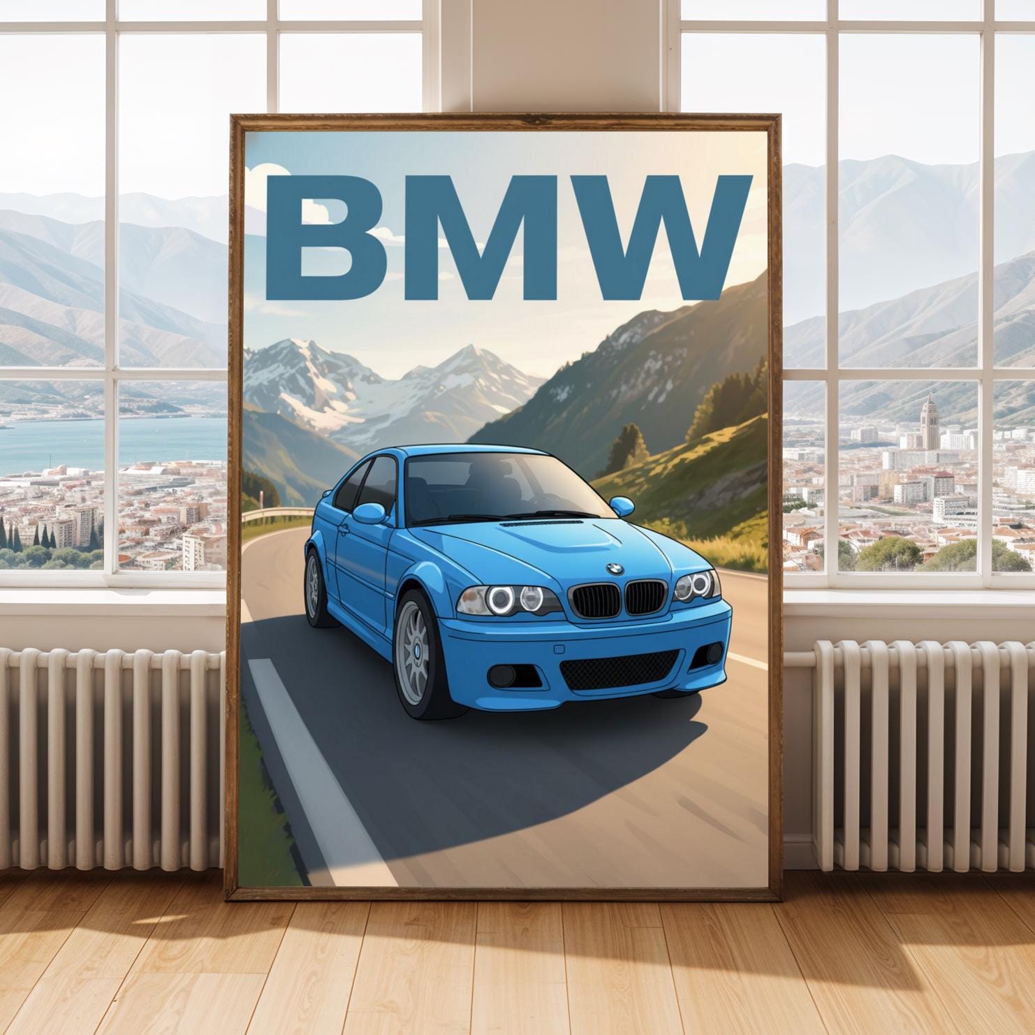 Blue BMW E46 Sports Car Print – Mountain Road Automotive Art