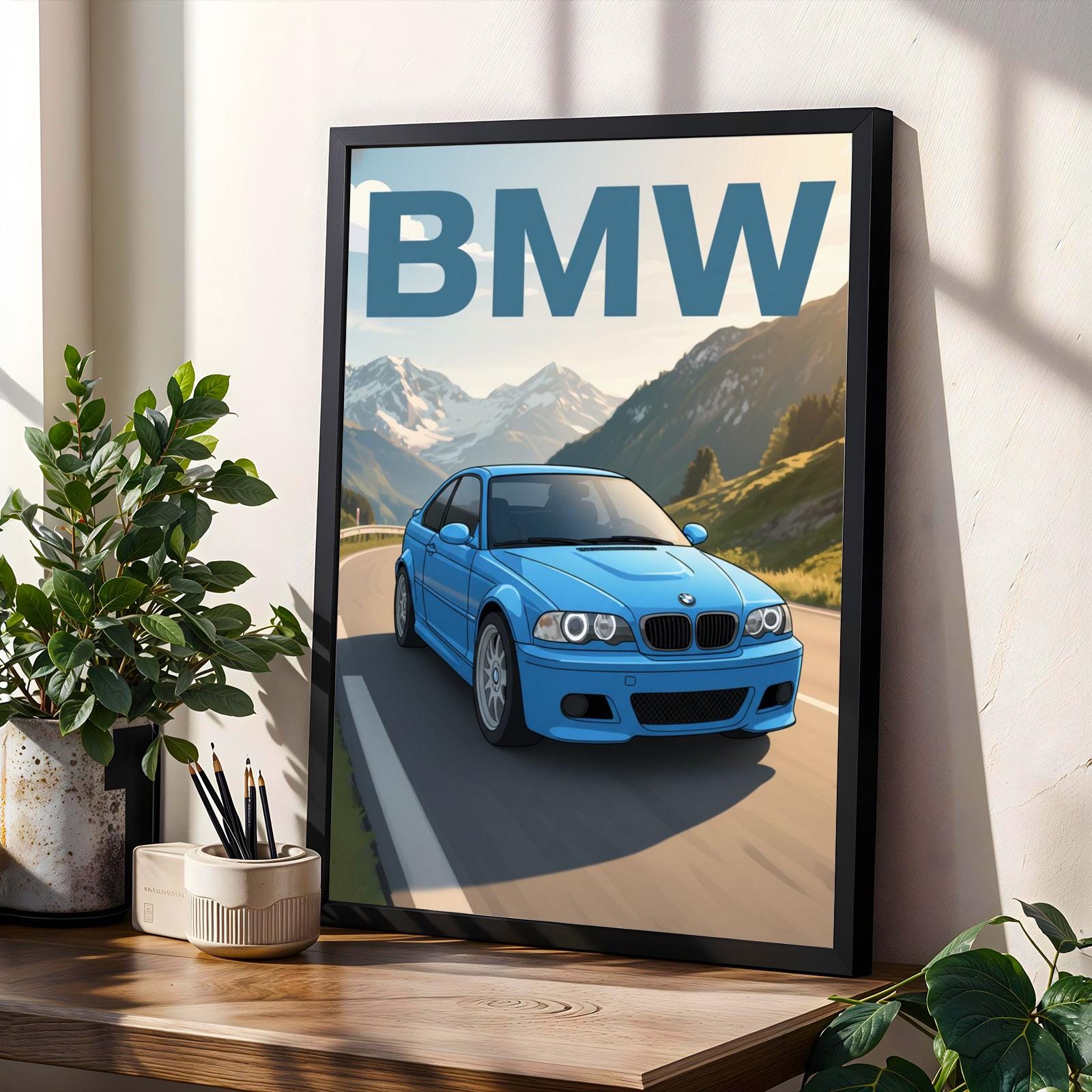 Blue BMW E46 Sports Car Print – Mountain Road Automotive Art