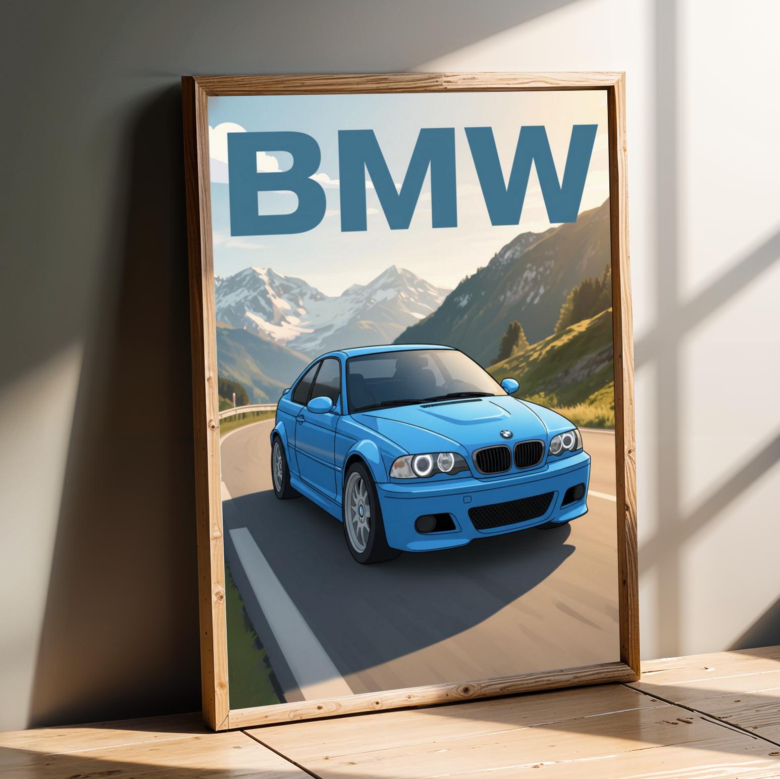 Blue BMW E46 Sports Car Print – Mountain Road Automotive Art