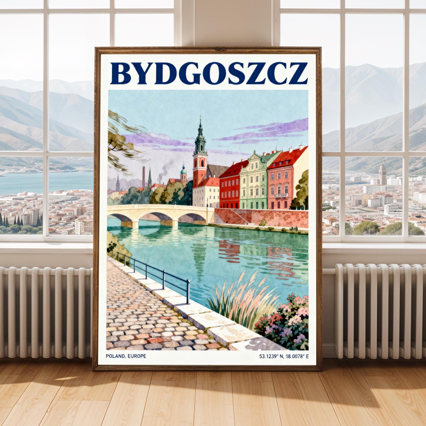 Bydgoszcz Riverside – Blue and Teal European Cityscape Travel Poster, Mid-Century Style, Gift for Travel Enthusiasts and Home Decorators