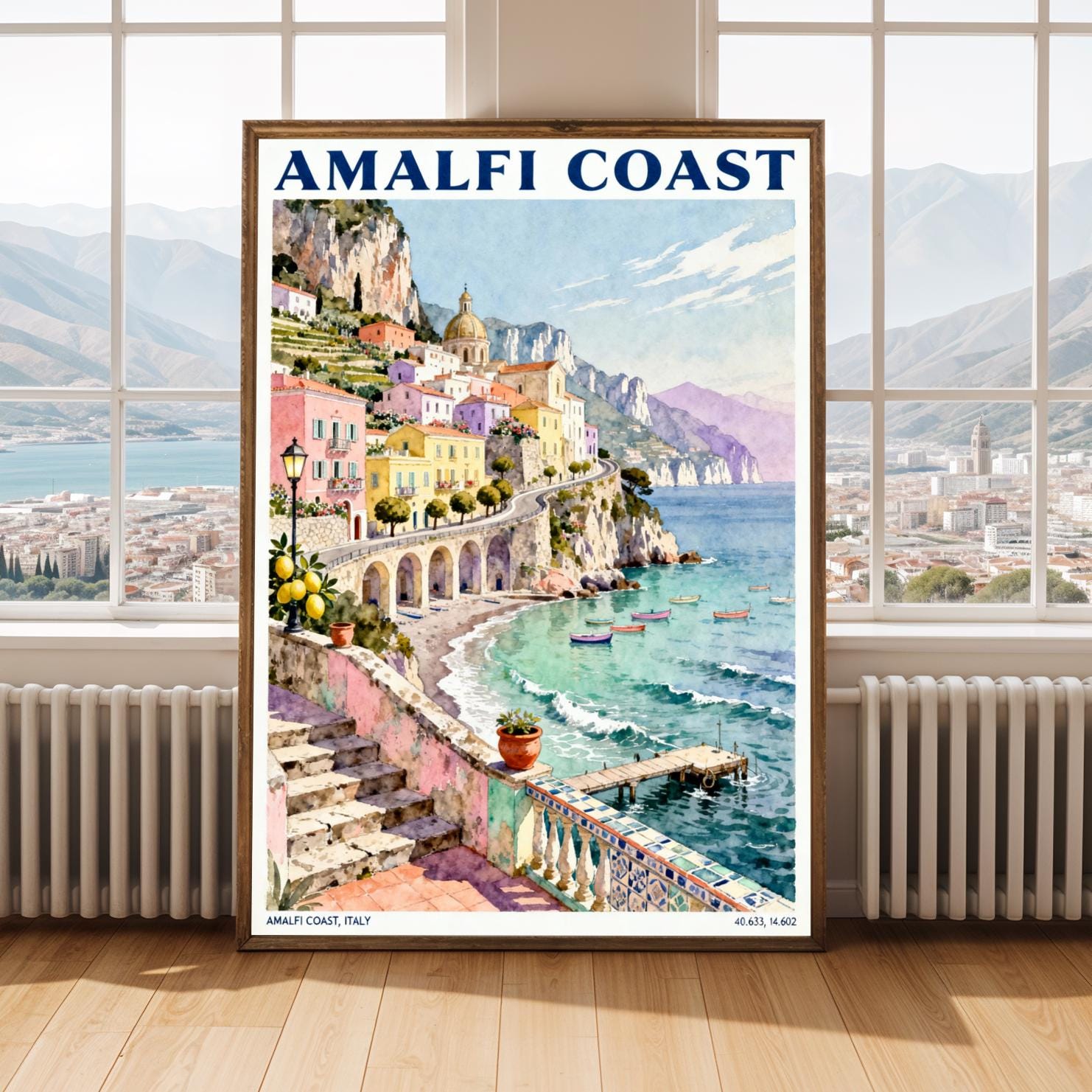 Amalfi Coast Poster | Italian Village Watercolor Print