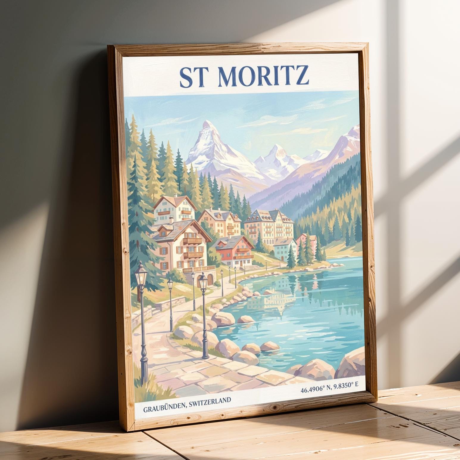 Alpine Village by Lake Poster | Light Blue Teal Pale Purple Peach Cream Olive Green Sand Brown Navy