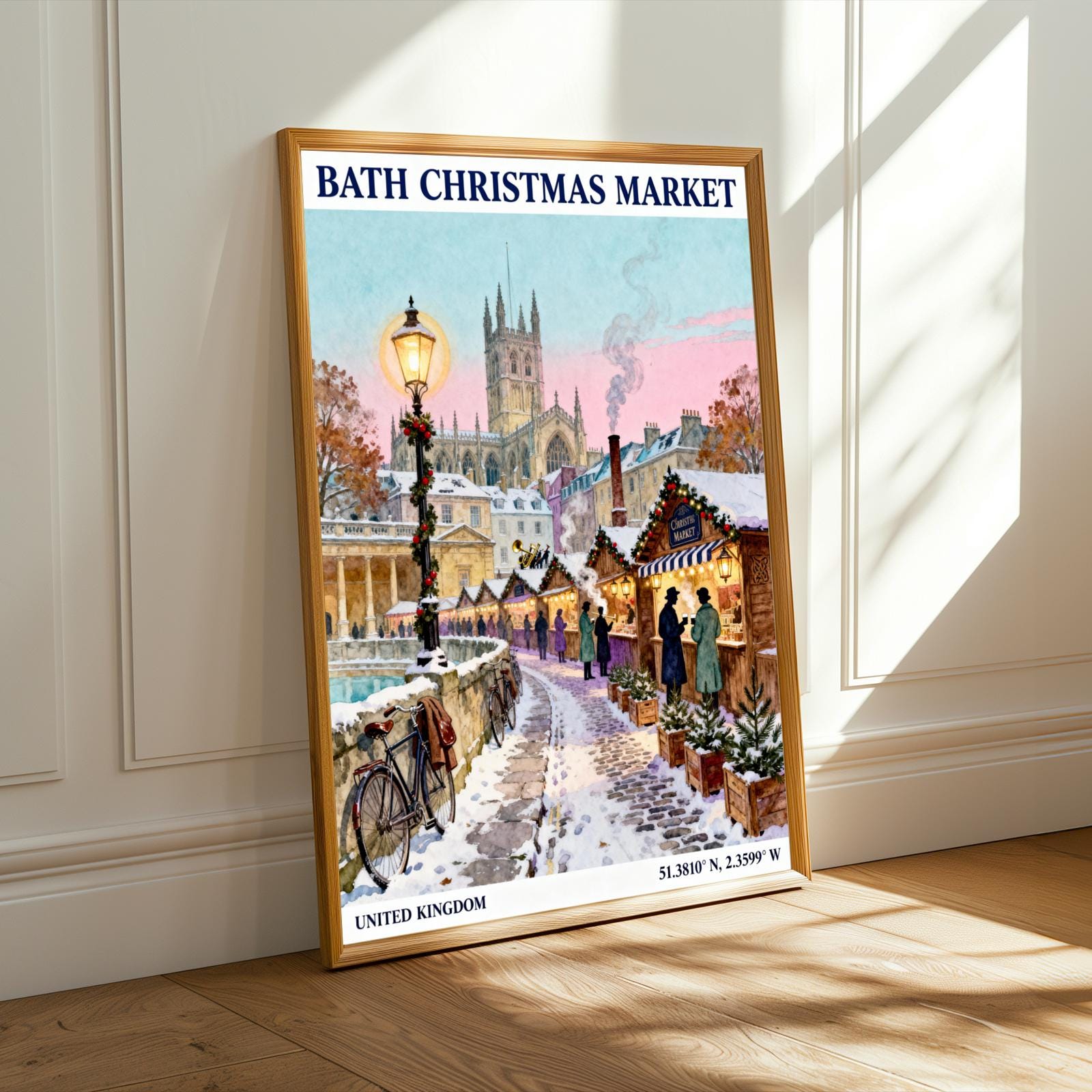 Bath Christmas Market Poster – Vintage Travel Print, Snowy Street Scene
