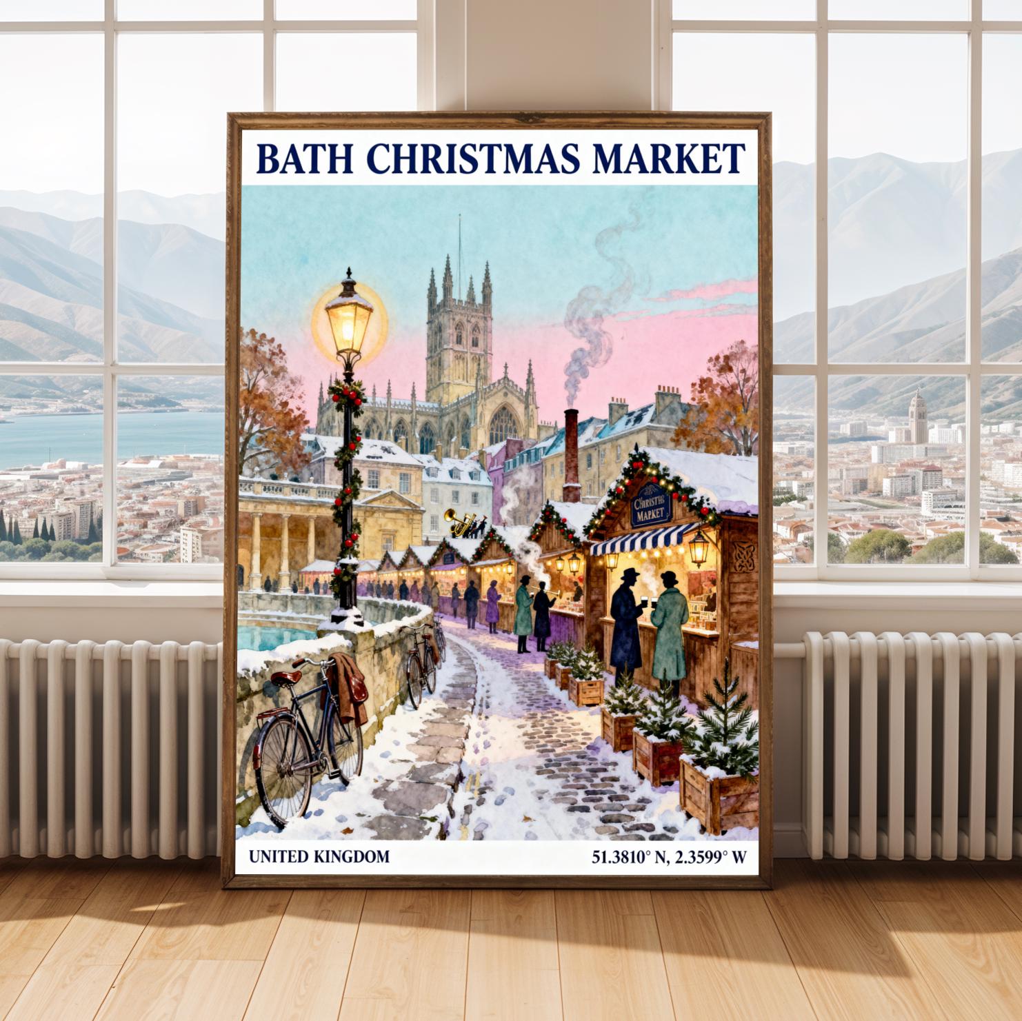 Bath Christmas Market Poster – Vintage Travel Print, Snowy Street Scene