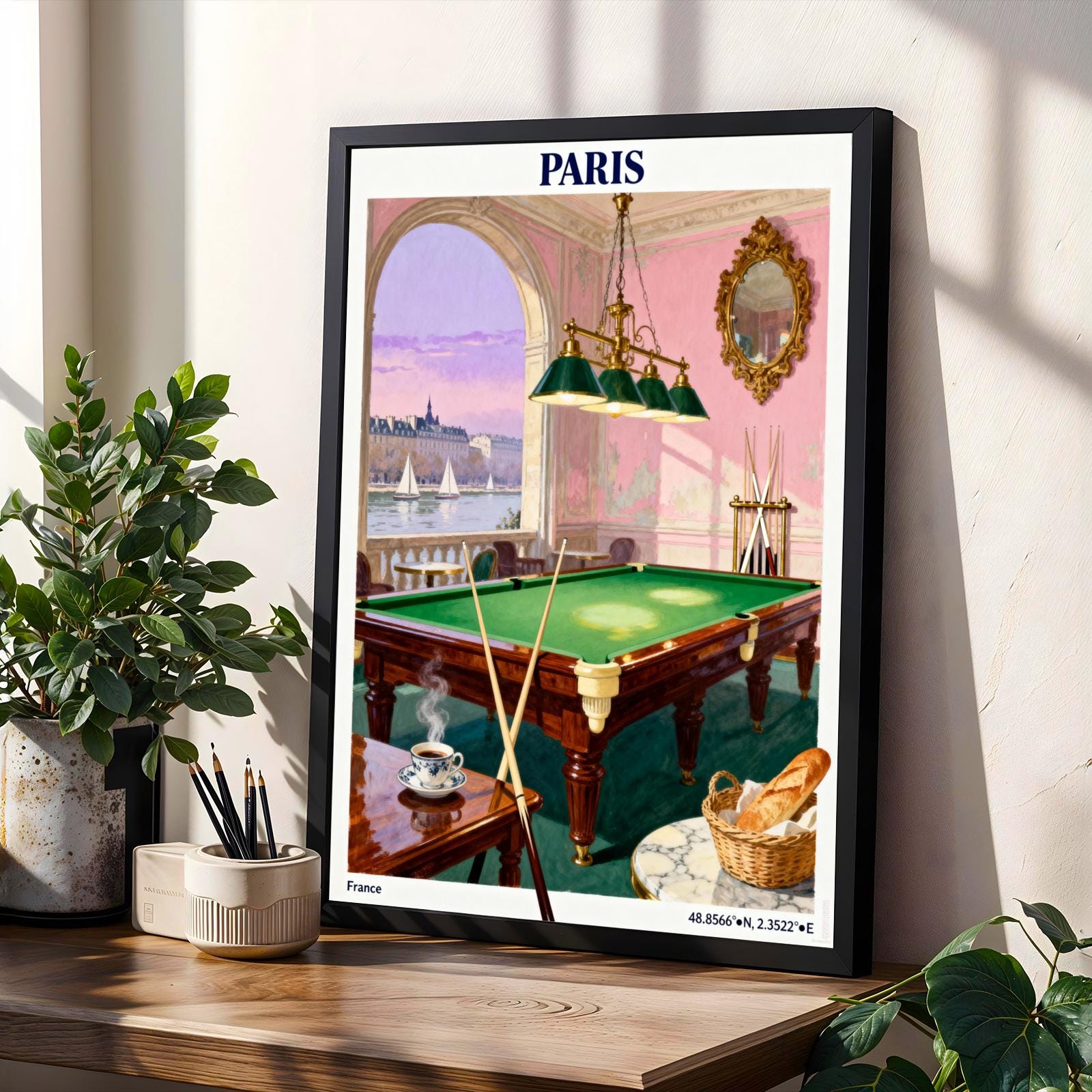 Paris Poster – Vintage Travel Gouache, Blue Sky and Cream Tones