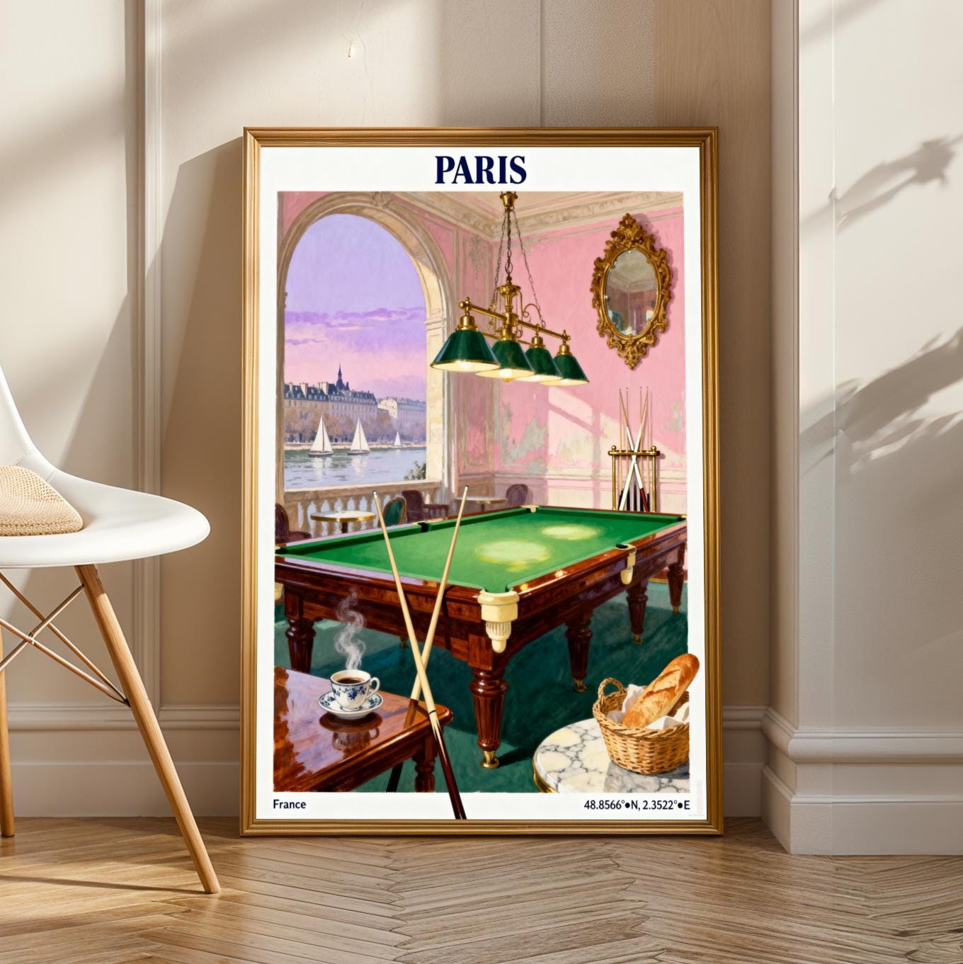 Paris Poster – Vintage Travel Gouache, Blue Sky and Cream Tones