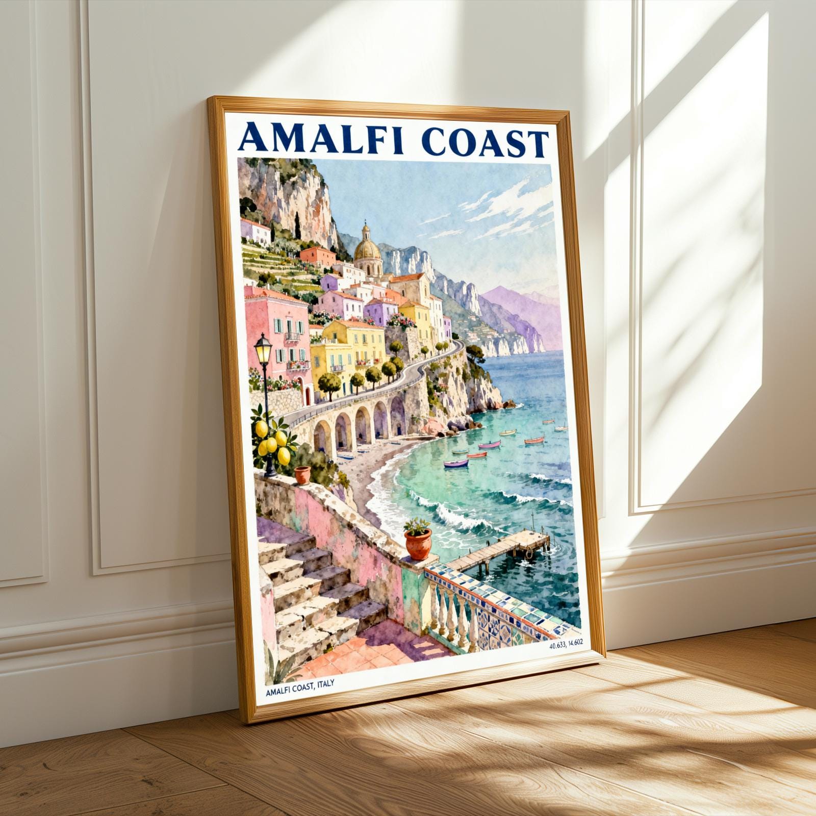 Amalfi Coast Poster | Italian Village Watercolor Print