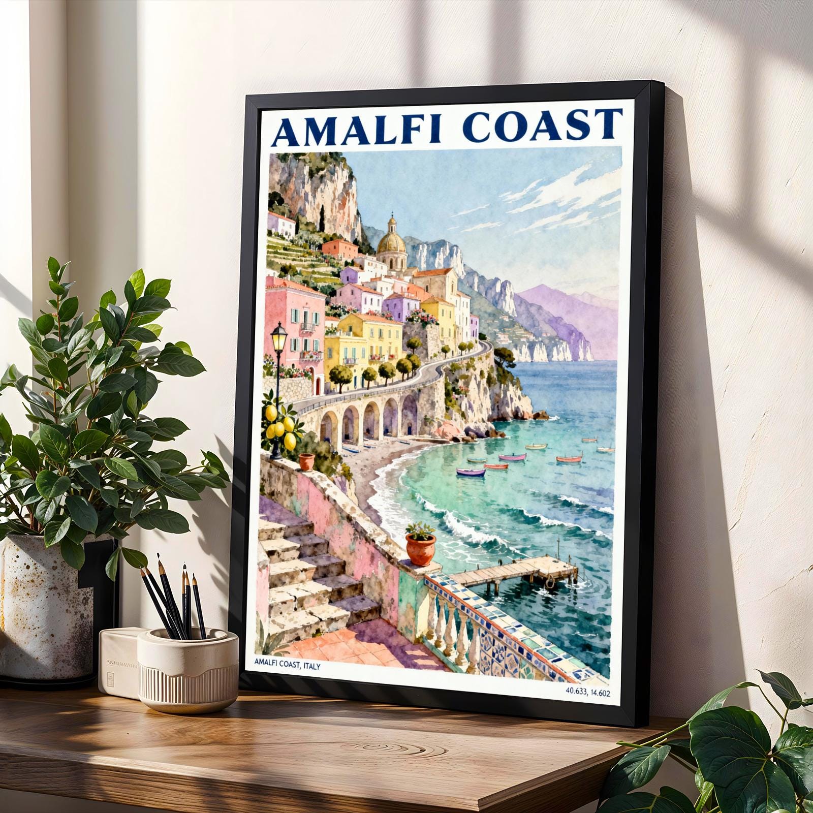 Amalfi Coast Poster | Italian Village Watercolor Print
