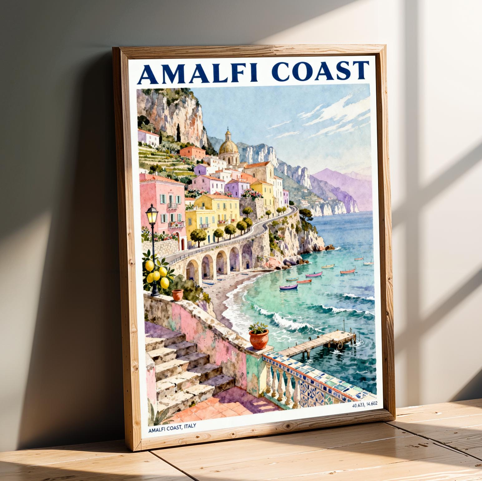 Amalfi Coast Poster | Italian Village Watercolor Print