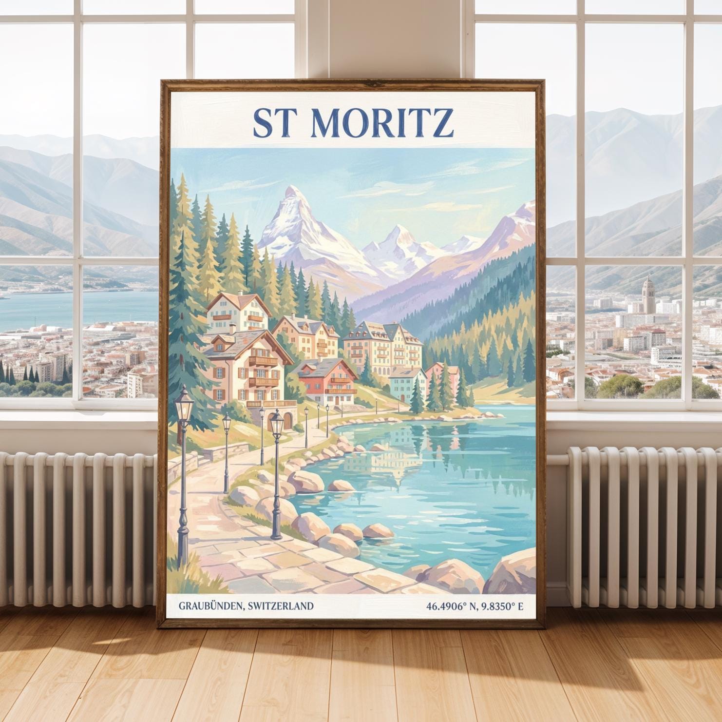 Alpine Village by Lake Poster | Light Blue Teal Pale Purple Peach Cream Olive Green Sand Brown Navy