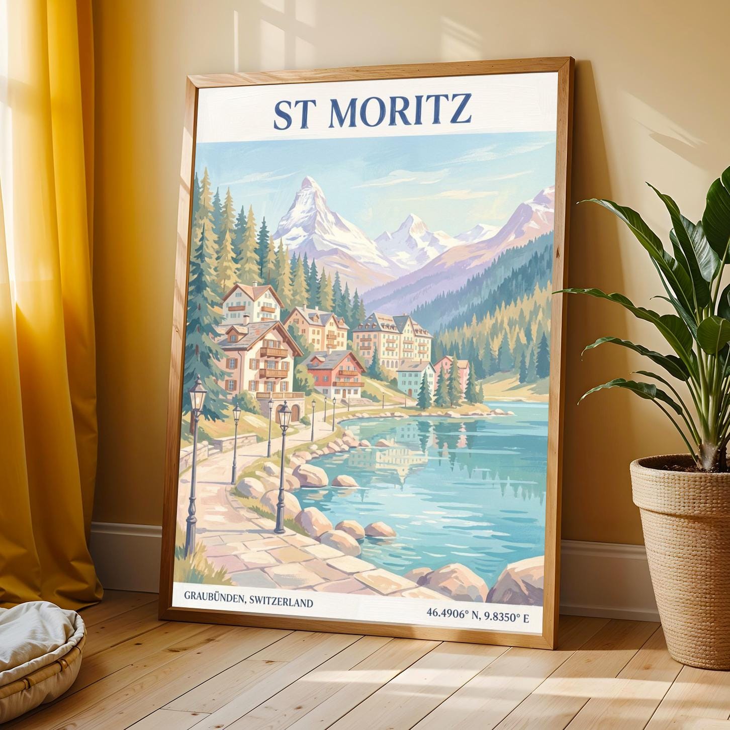 Alpine Village by Lake Poster | Light Blue Teal Pale Purple Peach Cream Olive Green Sand Brown Navy