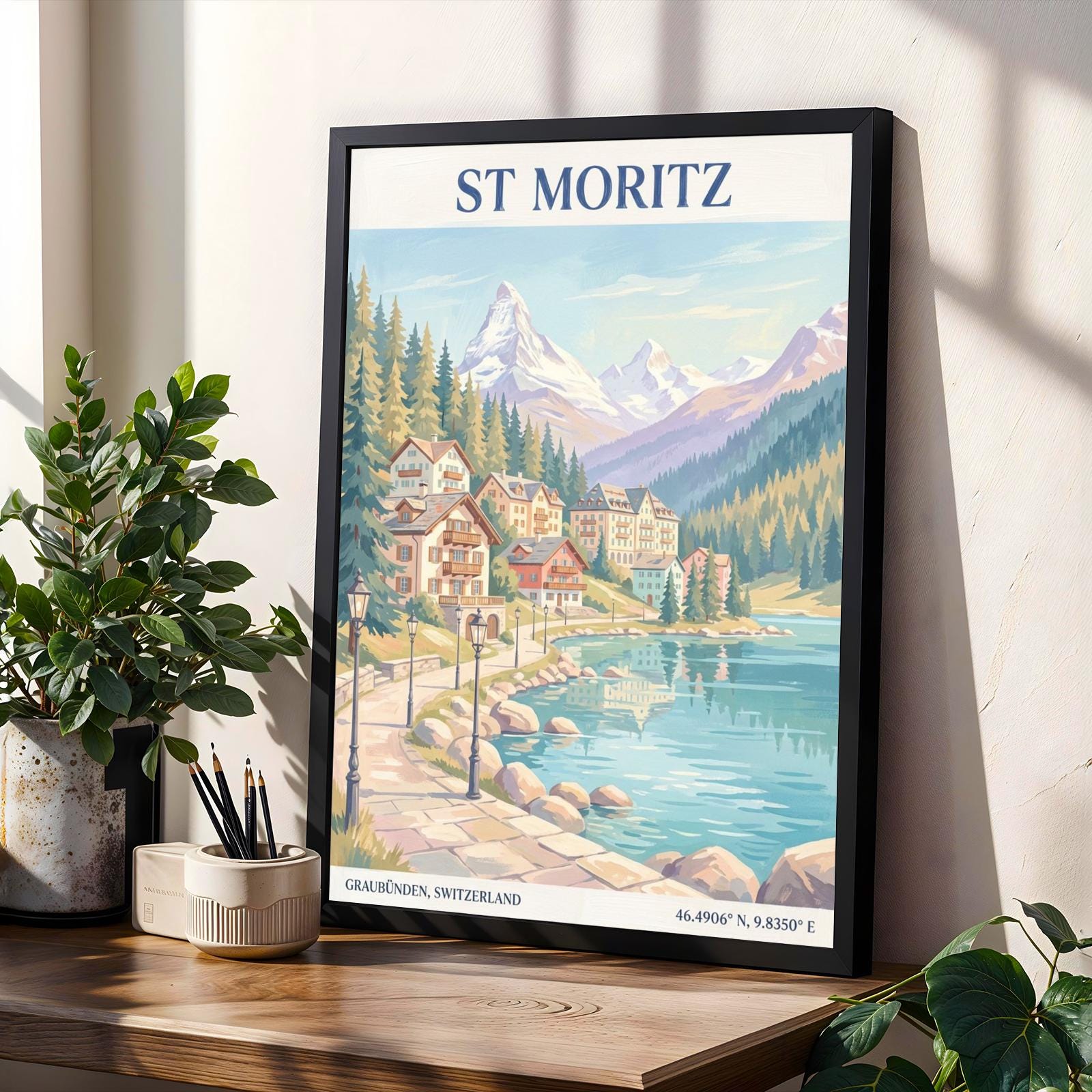 Alpine Village by Lake Poster | Light Blue Teal Pale Purple Peach Cream Olive Green Sand Brown Navy