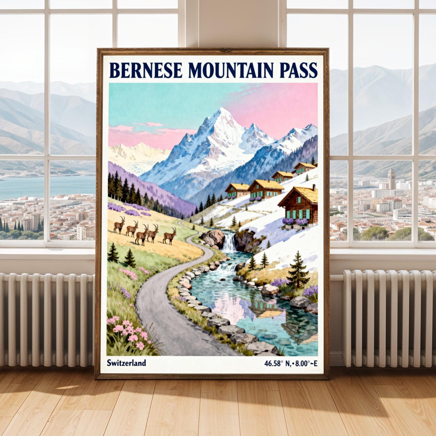 Bernese Mountn Pass Poster, Gouache Vintage Travel, Blue Sky and Pink Hues