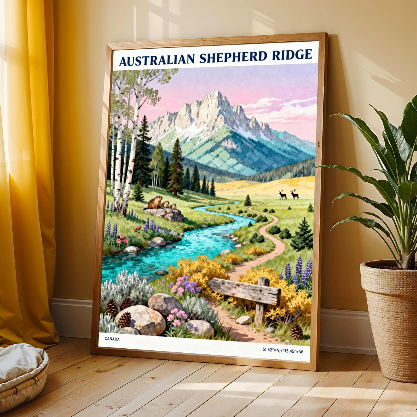 Australian Shepherd Ridge Poster, Gouache Travel Style, Blue River and Green Mountns
