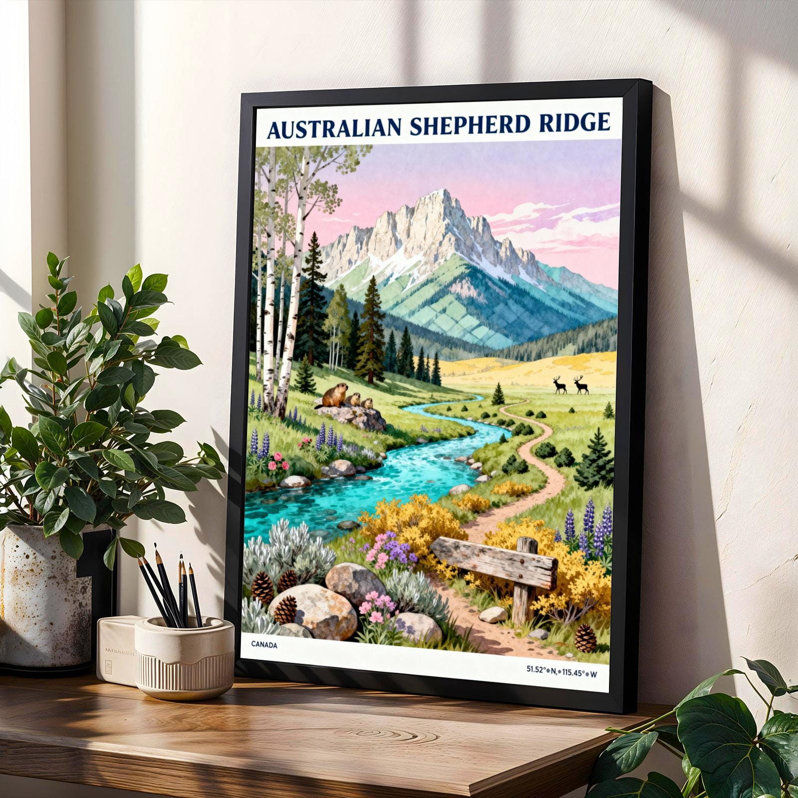 Australian Shepherd Ridge Poster, Gouache Travel Style, Blue River and Green Mountns