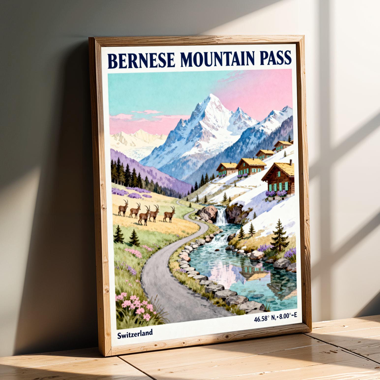 Bernese Mountn Pass Poster, Gouache Vintage Travel, Blue Sky and Pink Hues
