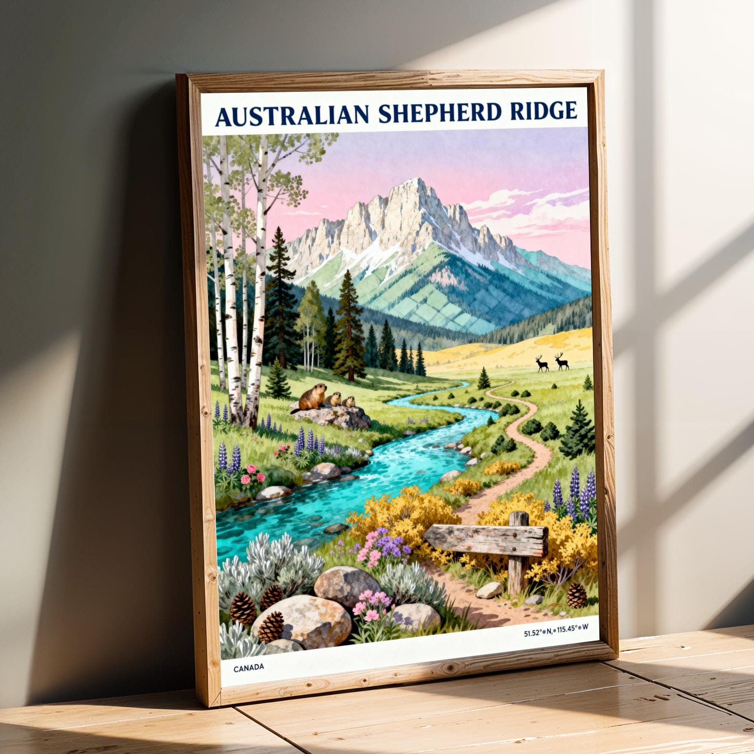 Australian Shepherd Ridge Poster, Gouache Travel Style, Blue River and Green Mountns