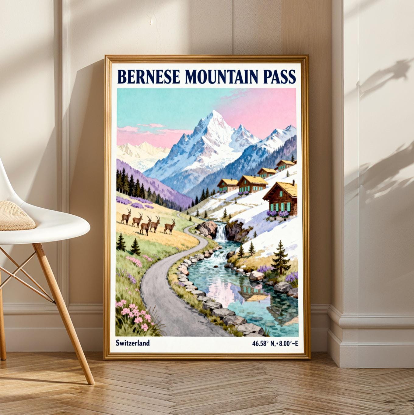 Bernese Mountn Pass Poster, Gouache Vintage Travel, Blue Sky and Pink Hues